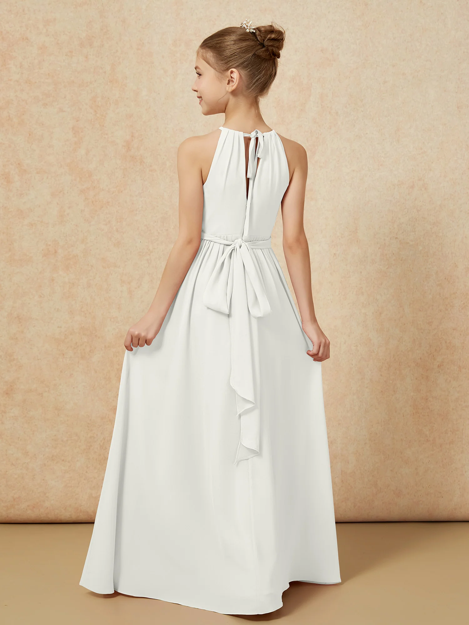 Sleeveless Pleated Long Chiffon Junior Bridesmaid Dress Ivory - Image 2