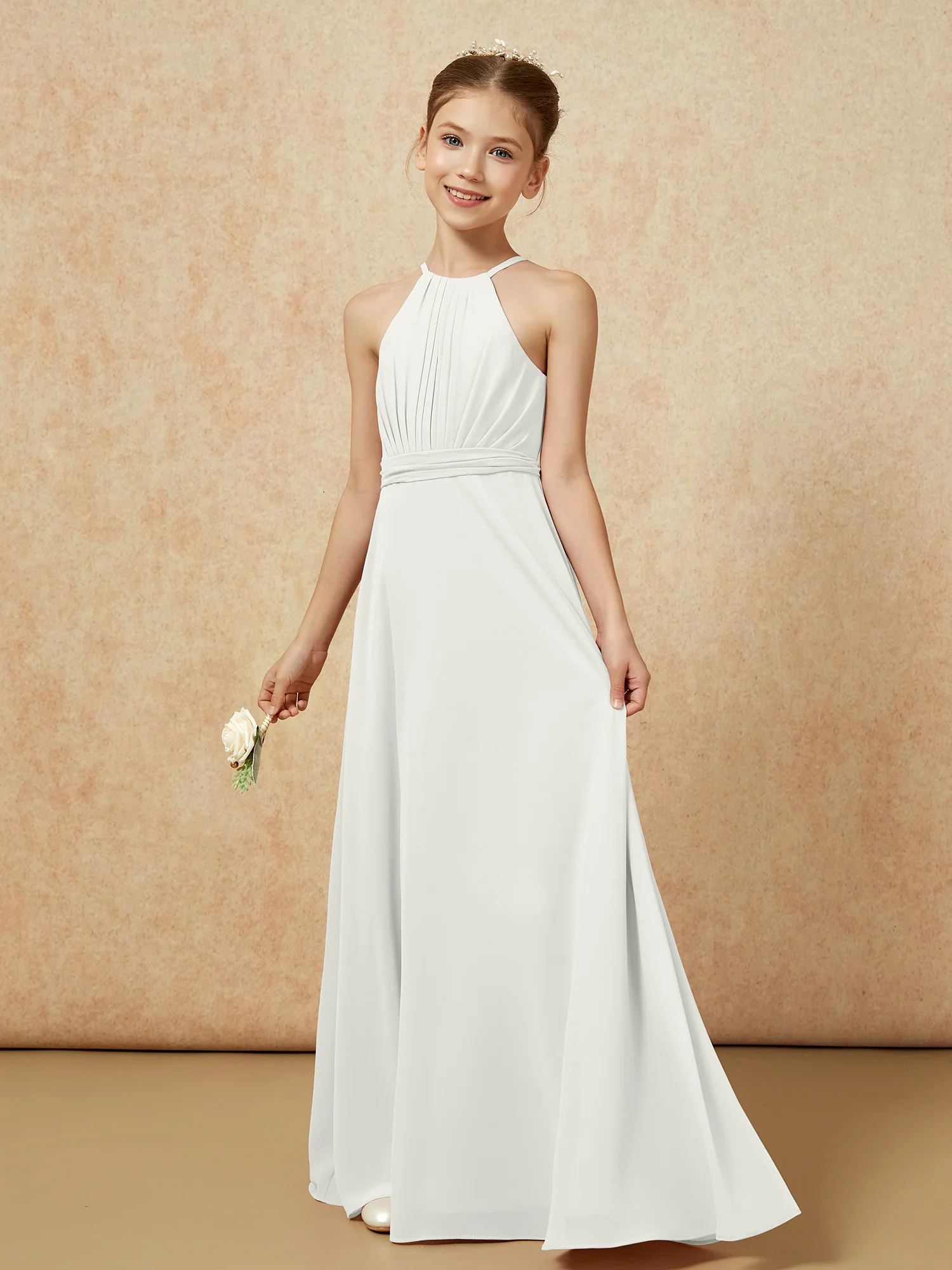 Sleeveless Pleated Long Chiffon Junior Bridesmaid Dress Ivory - Image 3