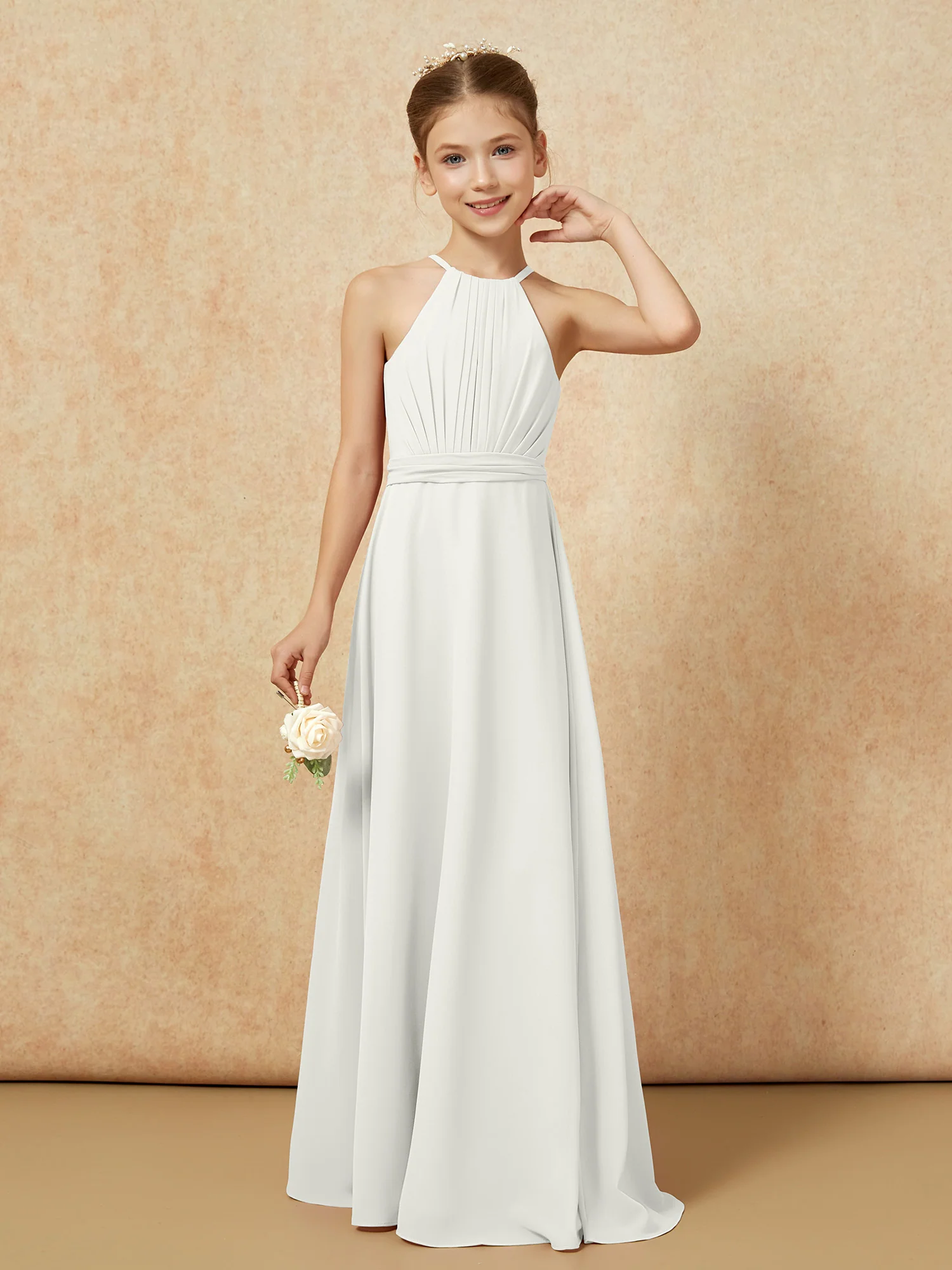 Sleeveless Pleated Long Chiffon Junior Bridesmaid Dress Ivory - Image 5