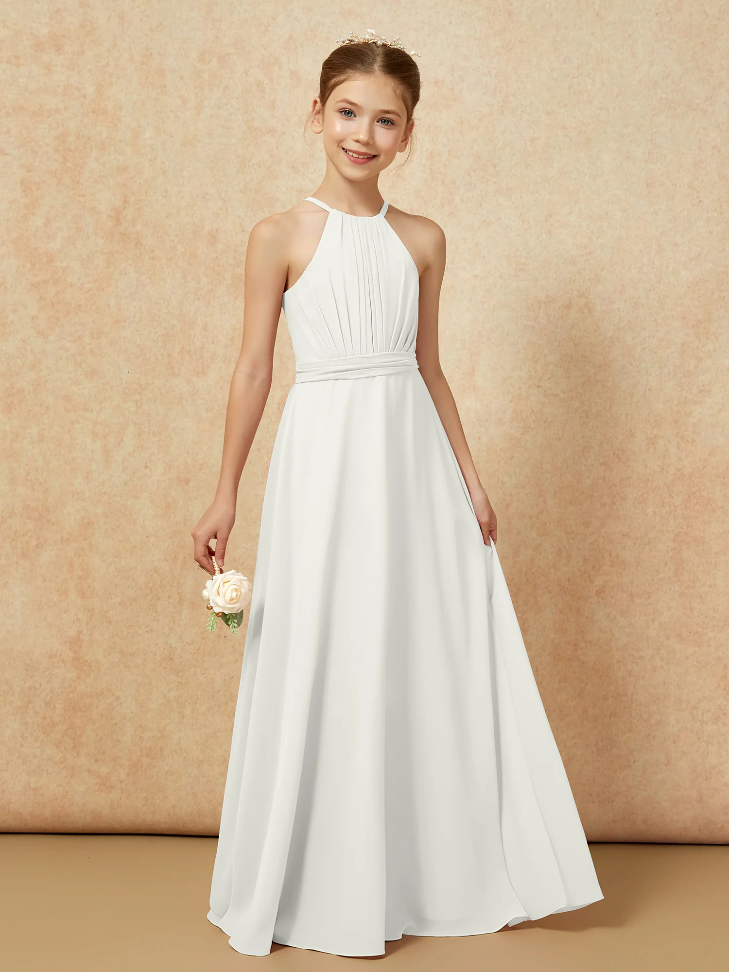 Sleeveless Pleated Long Chiffon Junior Bridesmaid Dress Ivory - Image 6