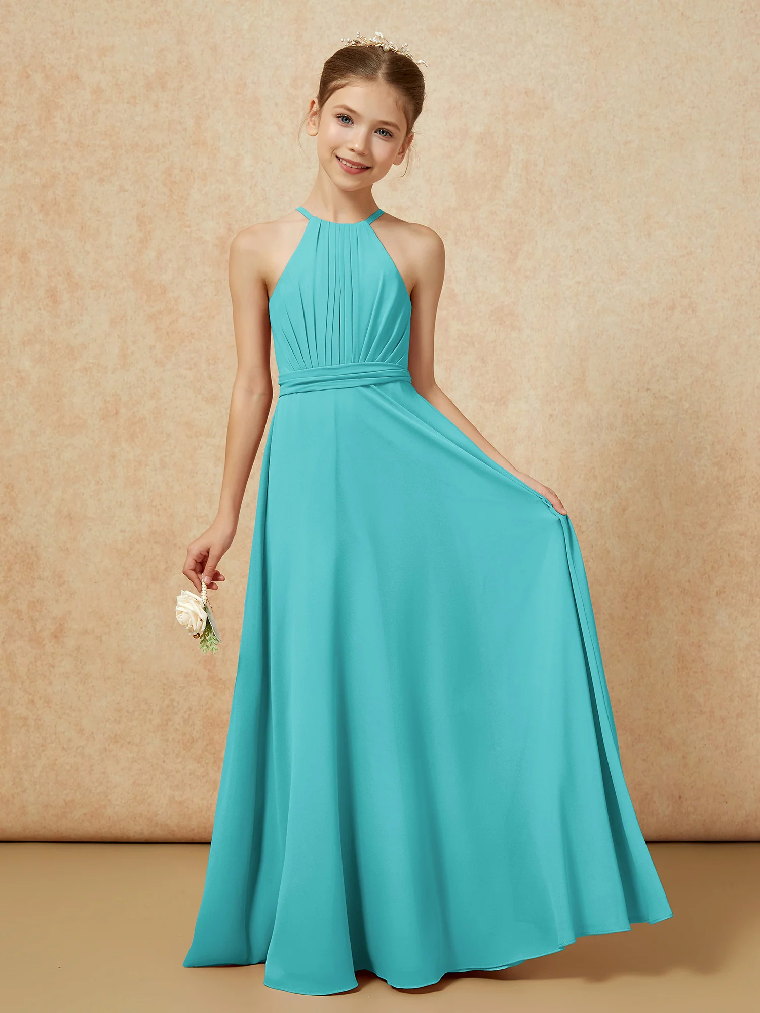 Sleeveless Pleated Long Chiffon Junior Bridesmaid Dress Jade