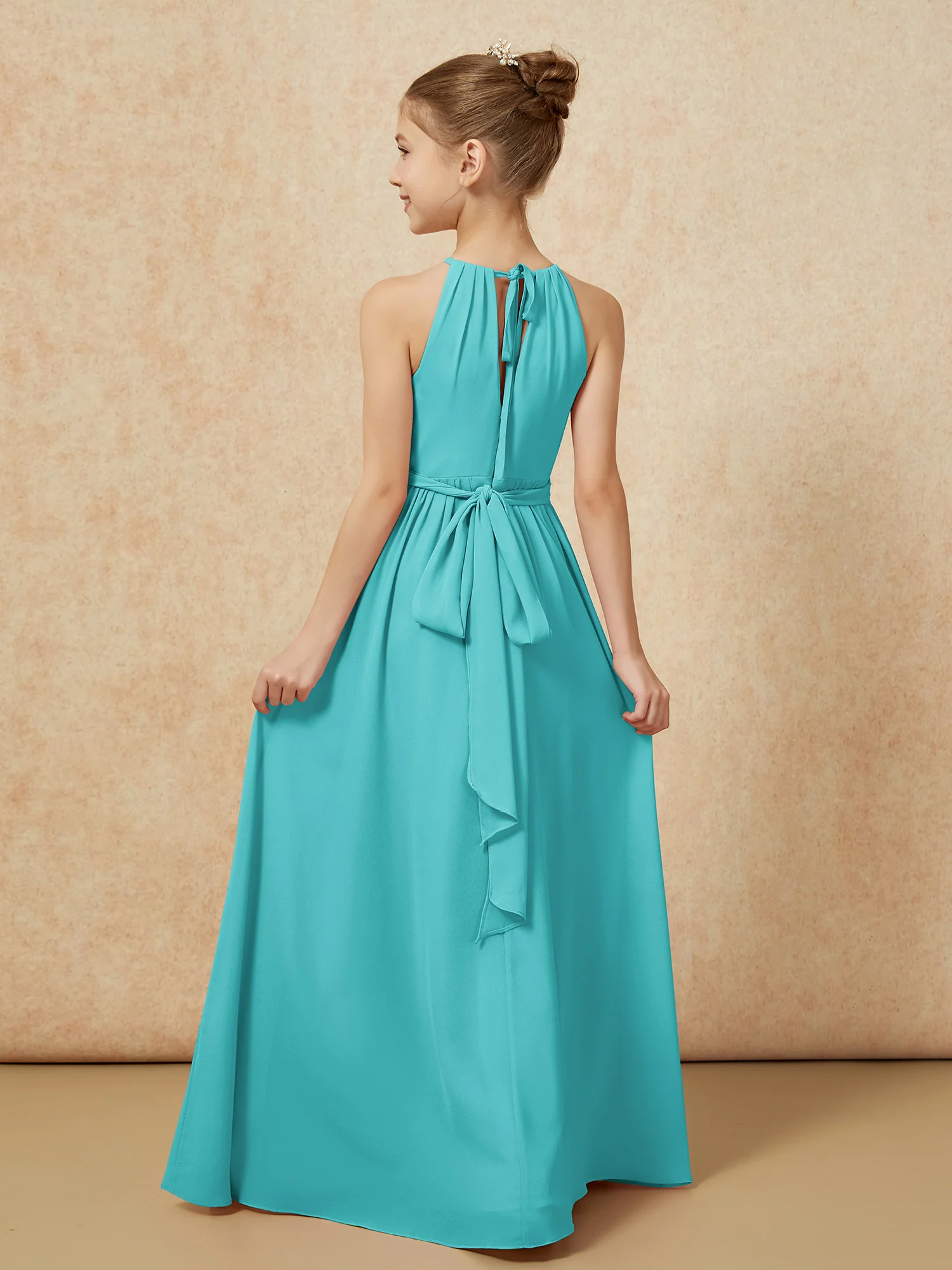 Sleeveless Pleated Long Chiffon Junior Bridesmaid Dress Jade - Image 2
