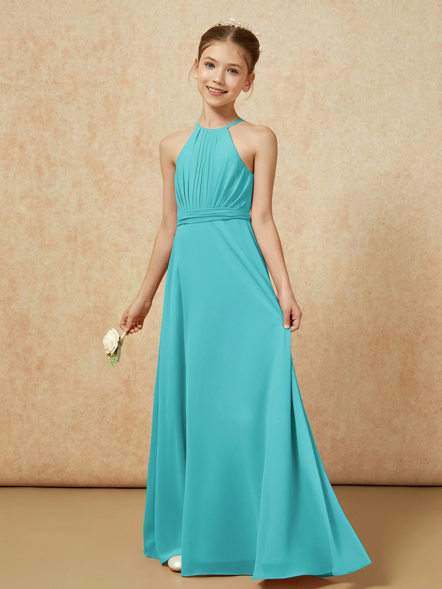 Sleeveless Pleated Long Chiffon Junior Bridesmaid Dress Jade - Image 3