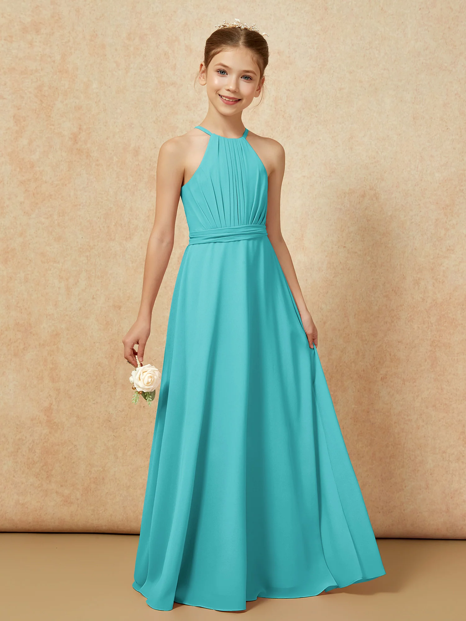 Sleeveless Pleated Long Chiffon Junior Bridesmaid Dress Jade - Image 6