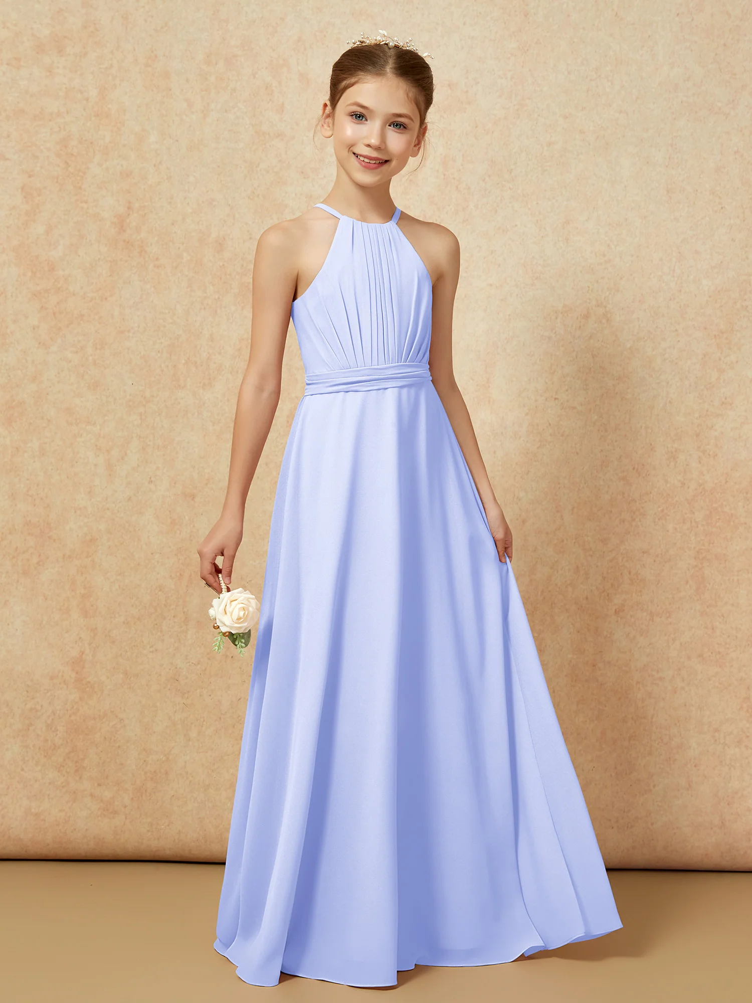 Sleeveless Pleated Long Chiffon Junior Bridesmaid Dress Lavender - Image 6