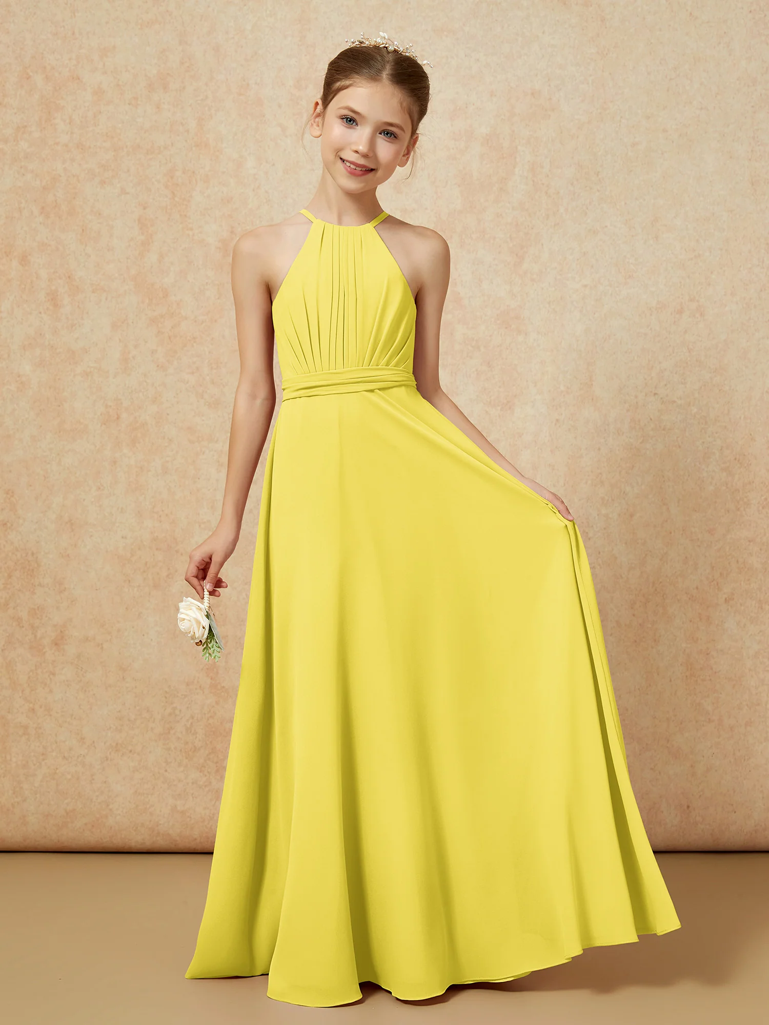 Sleeveless Pleated Long Chiffon Junior Bridesmaid Dress Lemon