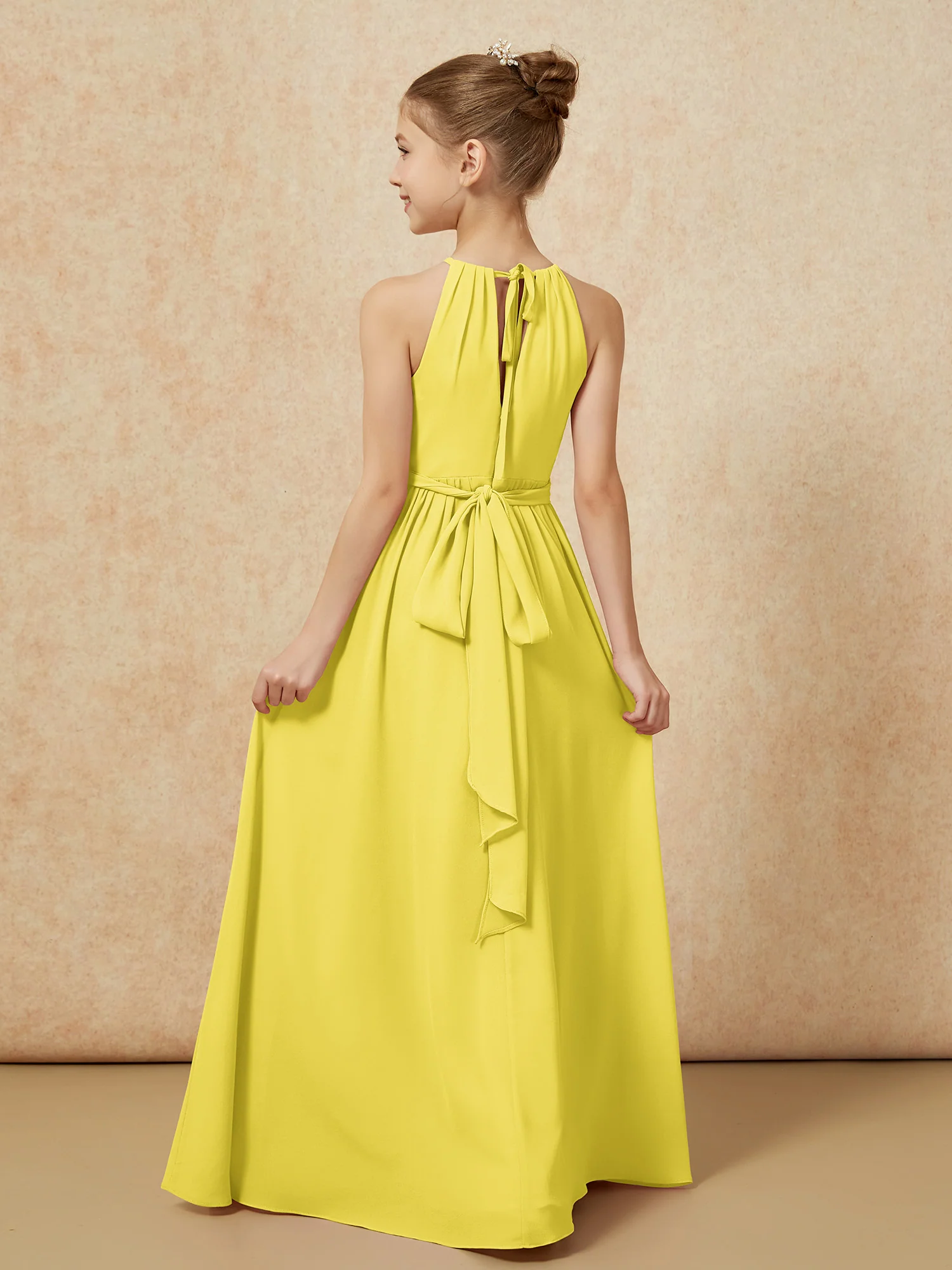 Sleeveless Pleated Long Chiffon Junior Bridesmaid Dress Lemon - Image 2