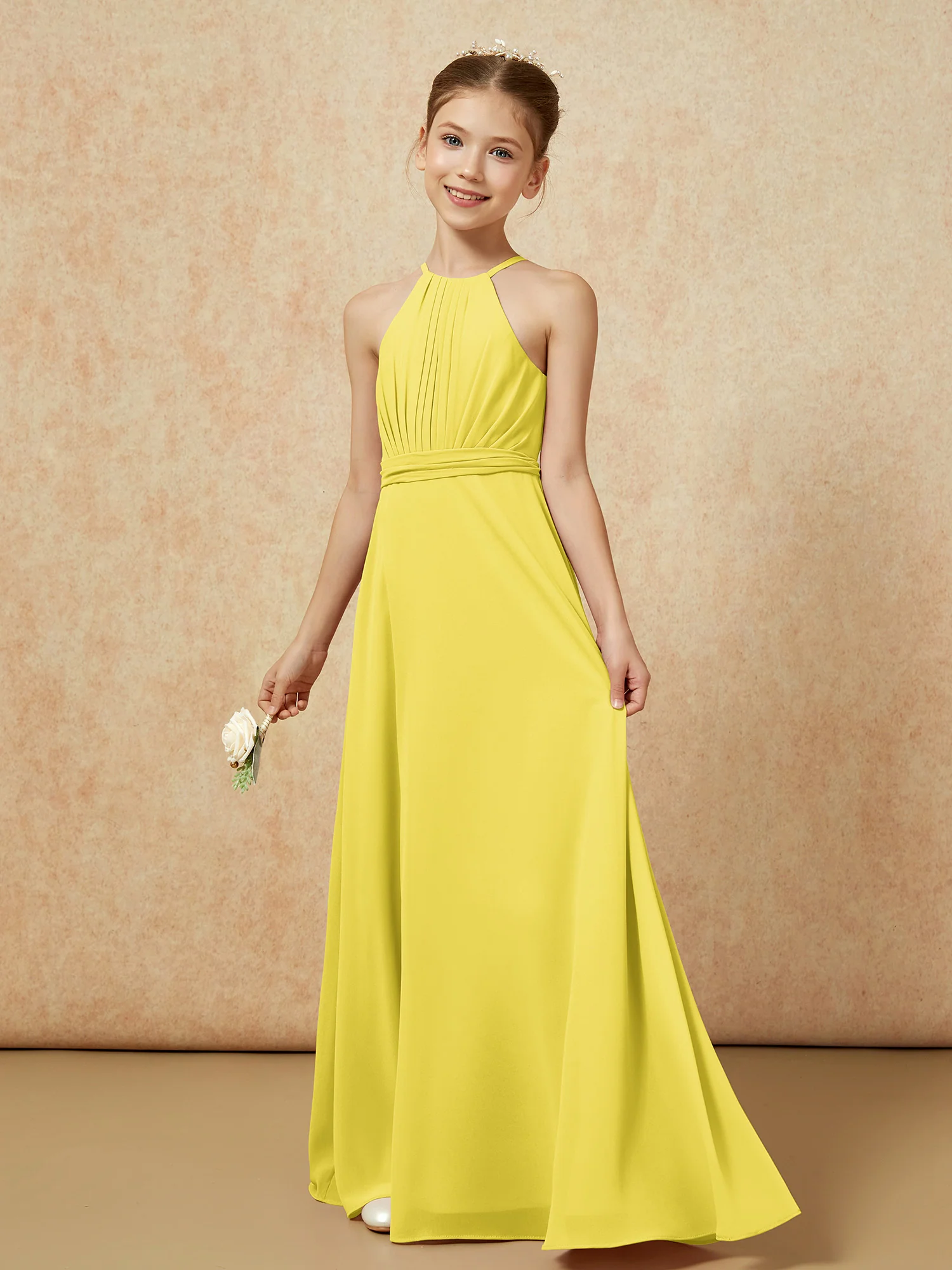 Sleeveless Pleated Long Chiffon Junior Bridesmaid Dress Lemon - Image 3