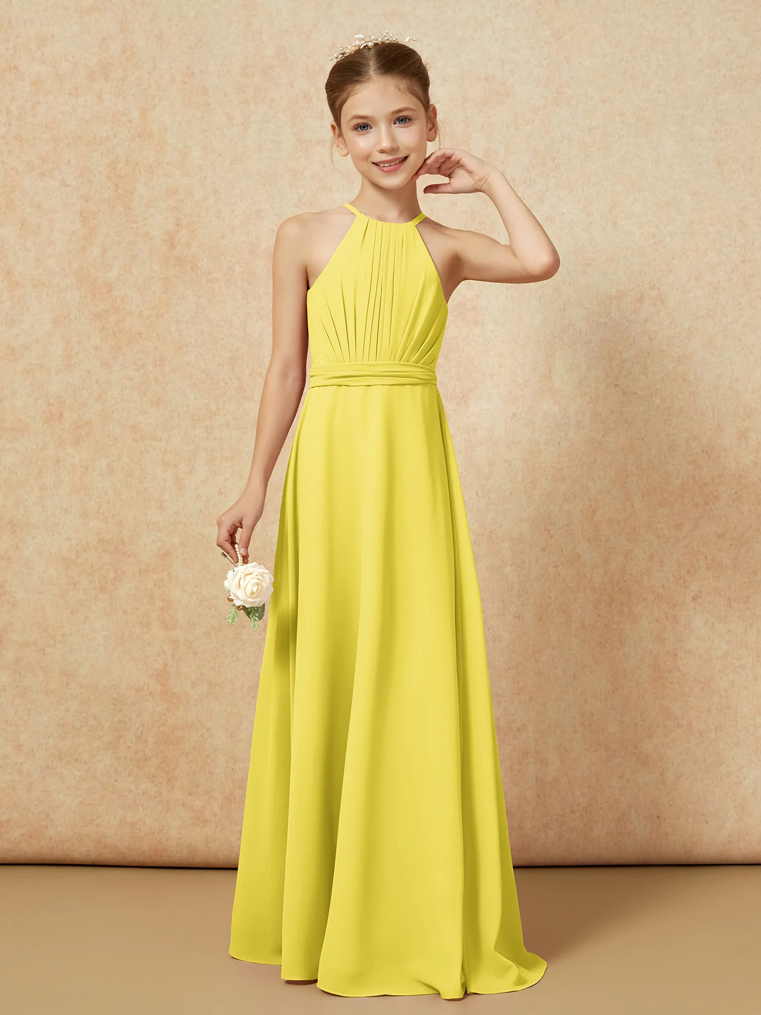 Sleeveless Pleated Long Chiffon Junior Bridesmaid Dress Lemon - Image 5