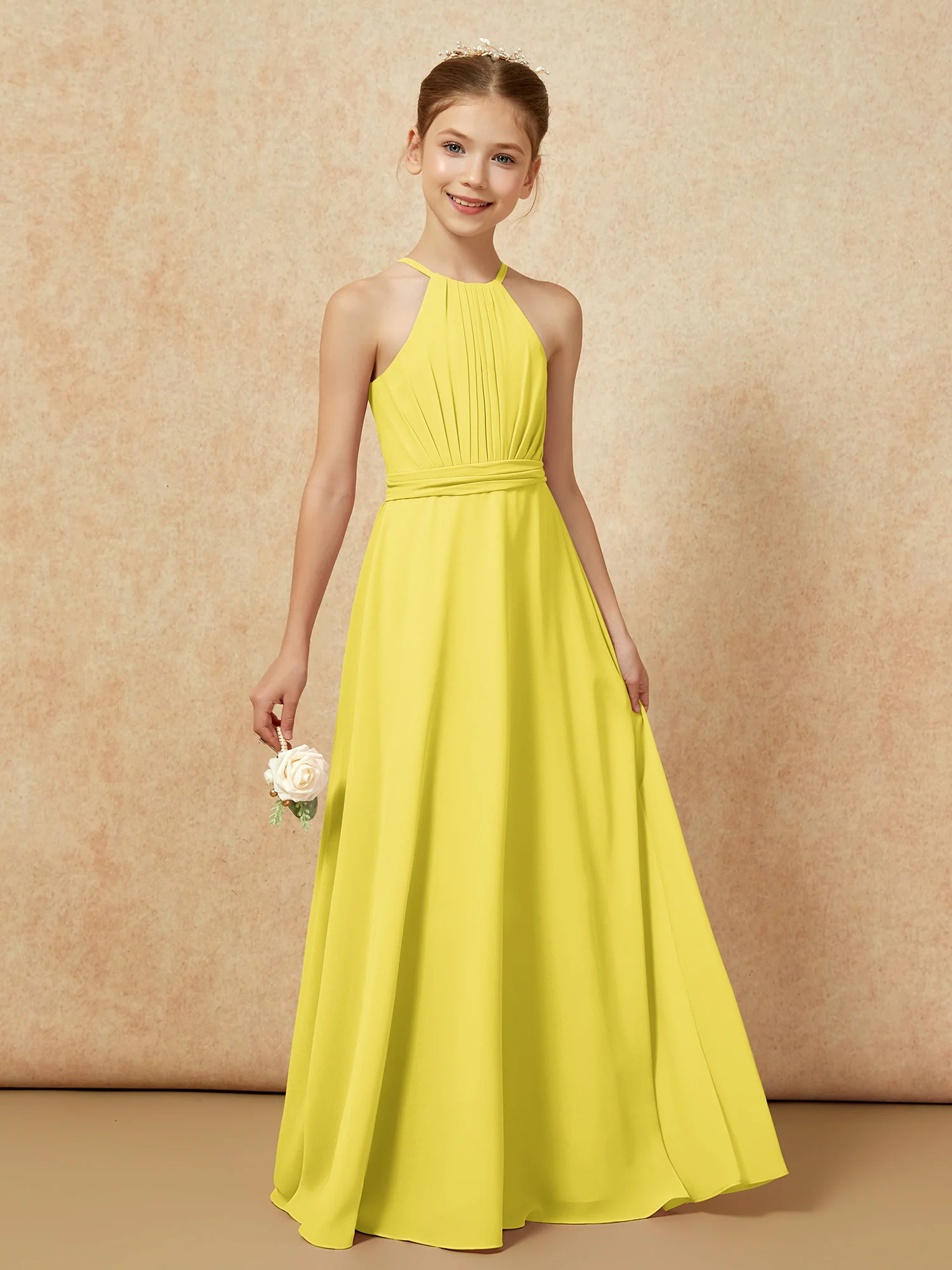 Sleeveless Pleated Long Chiffon Junior Bridesmaid Dress Lemon - Image 6