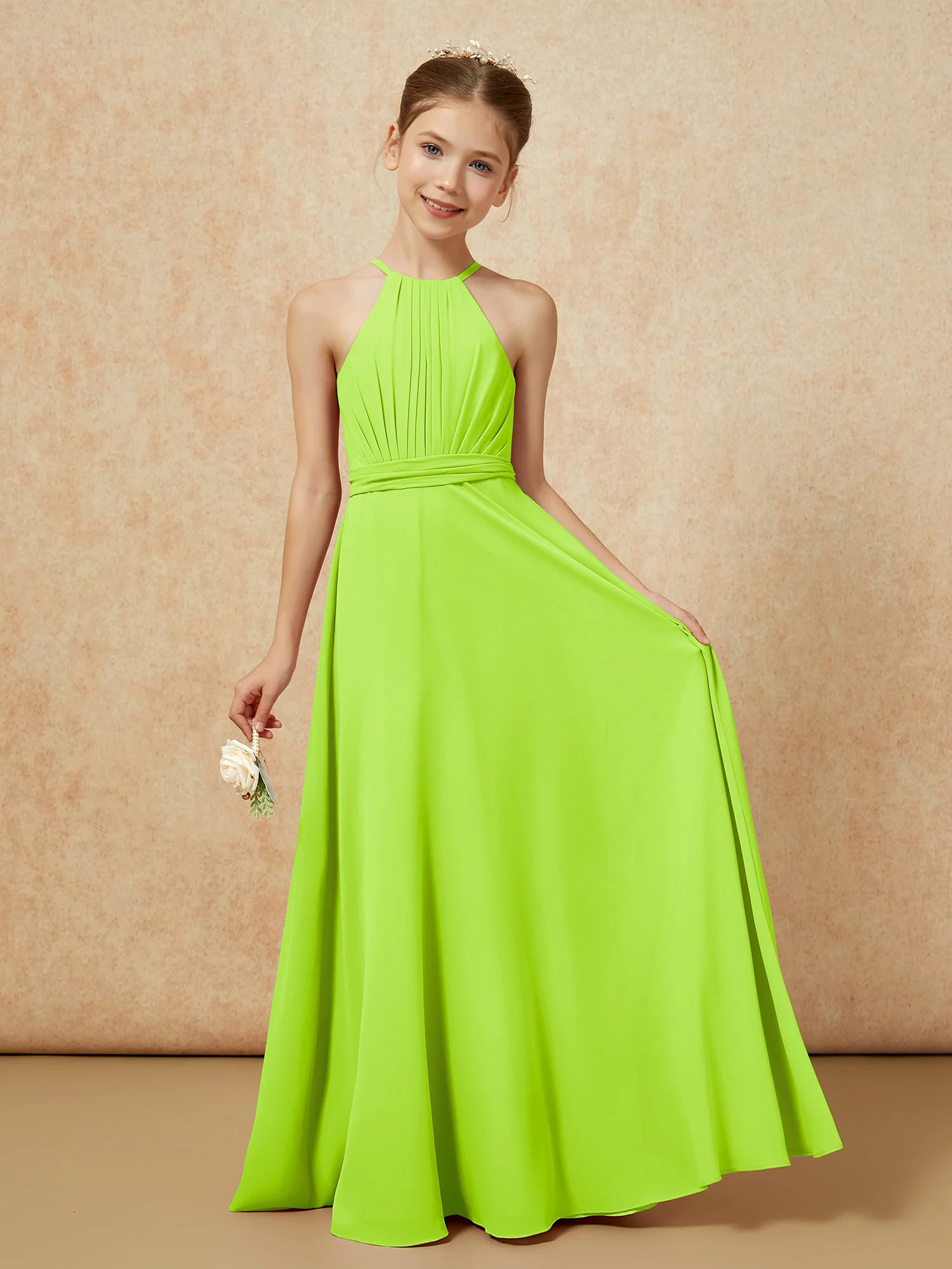 Sleeveless Pleated Long Chiffon Junior Bridesmaid Dress Lime Green