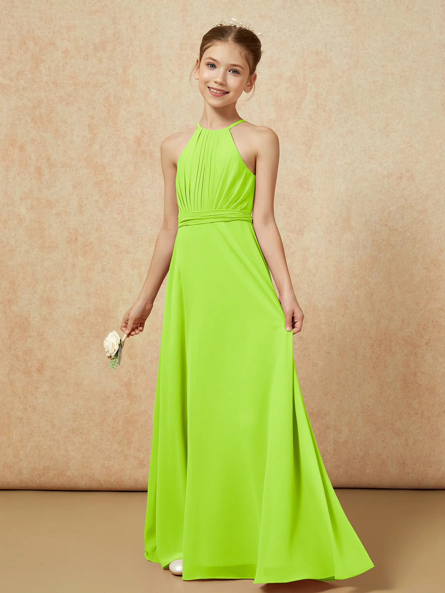 Sleeveless Pleated Long Chiffon Junior Bridesmaid Dress Lime Green - Image 3