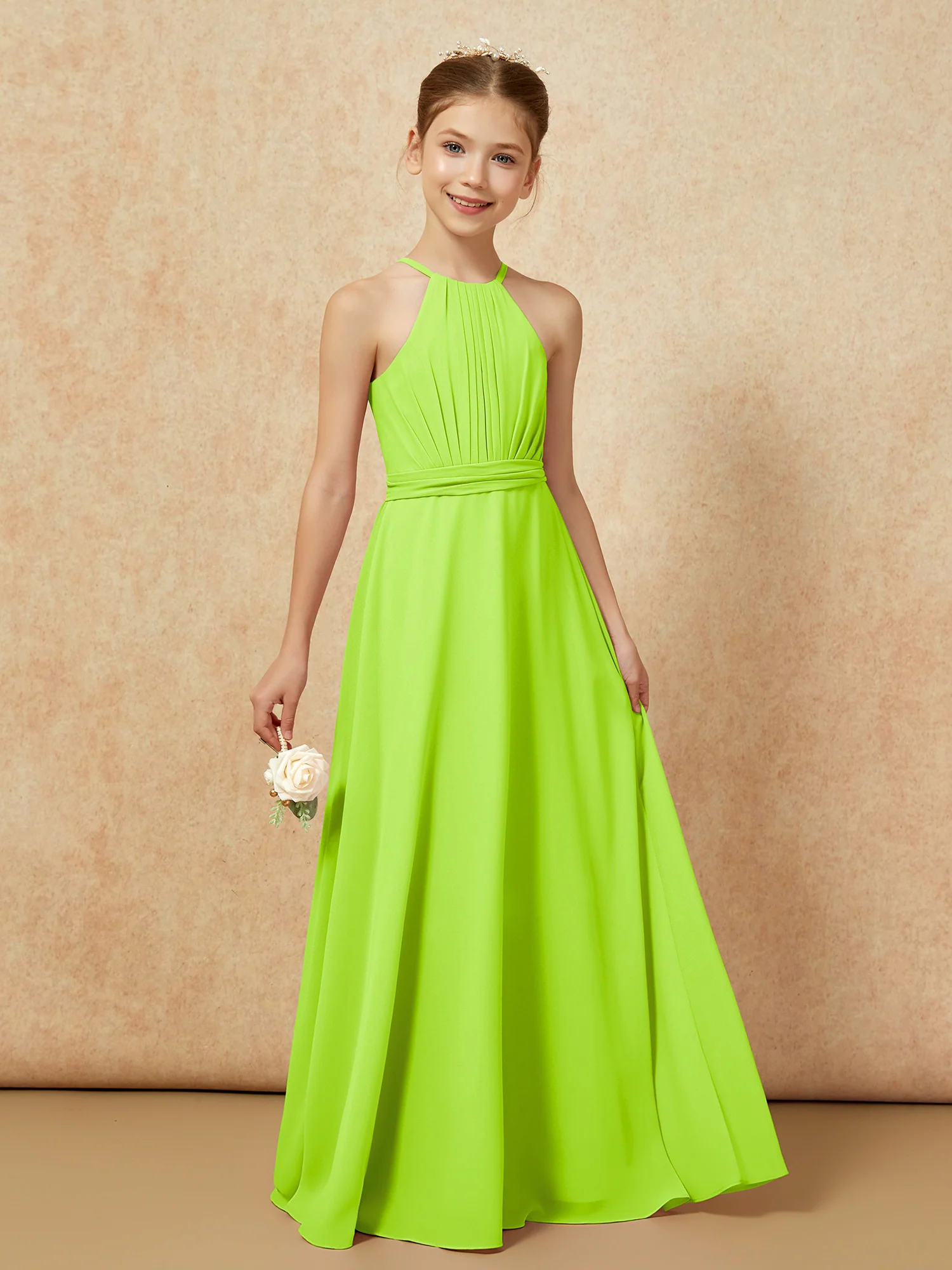 Sleeveless Pleated Long Chiffon Junior Bridesmaid Dress Lime Green - Image 6