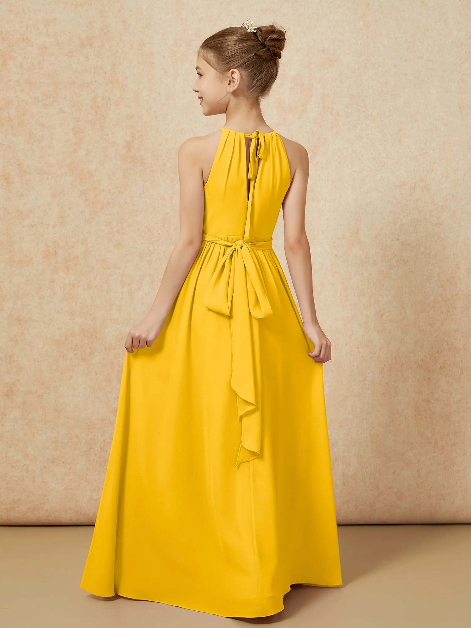 Sleeveless Pleated Long Chiffon Junior Bridesmaid Dress Marigold - Image 2