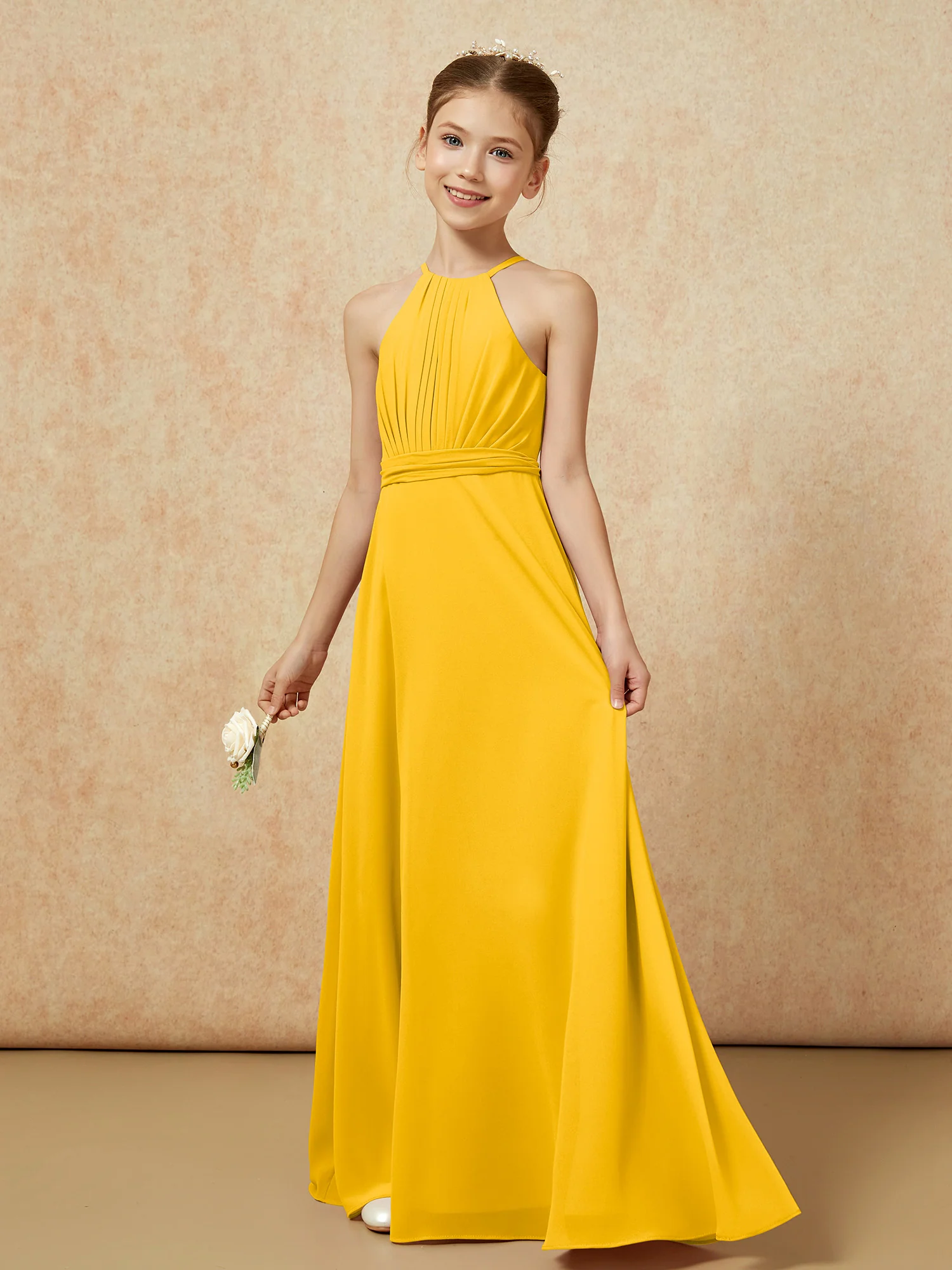 Sleeveless Pleated Long Chiffon Junior Bridesmaid Dress Marigold - Image 3