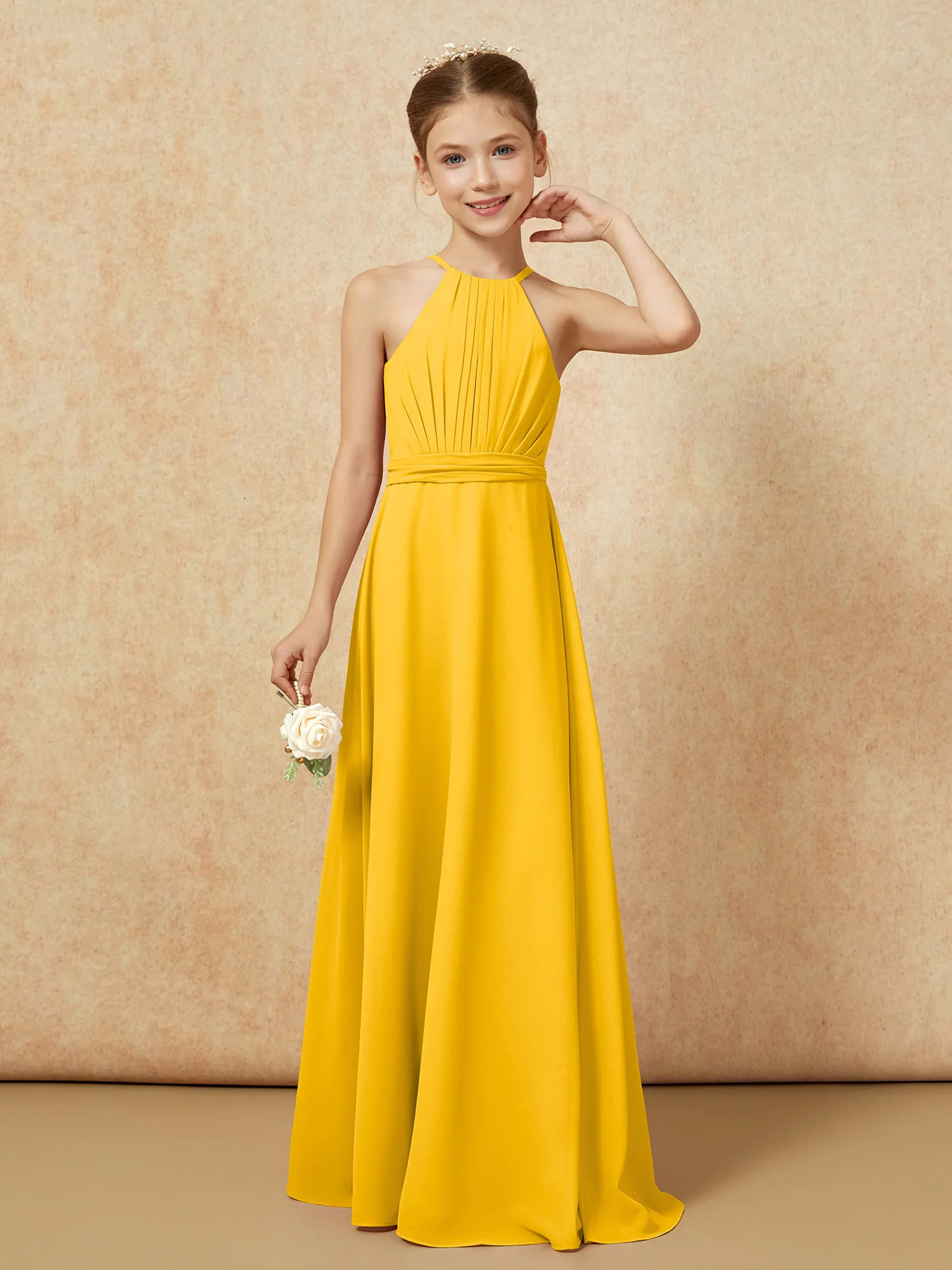 Sleeveless Pleated Long Chiffon Junior Bridesmaid Dress Marigold - Image 5
