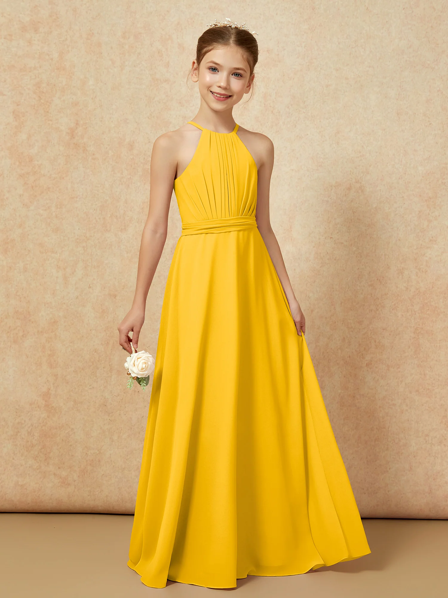 Sleeveless Pleated Long Chiffon Junior Bridesmaid Dress Marigold - Image 6