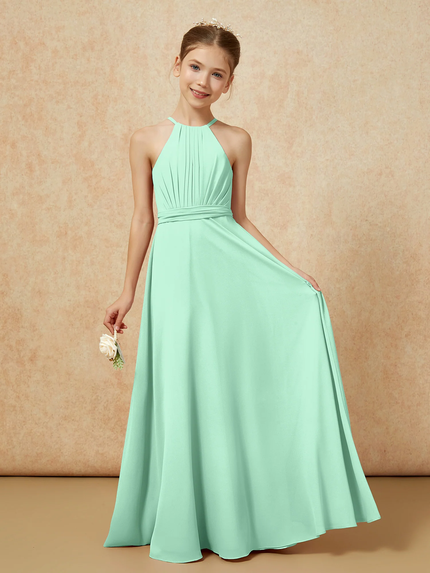 Sleeveless Pleated Long Chiffon Junior Bridesmaid Dress Mint Green
