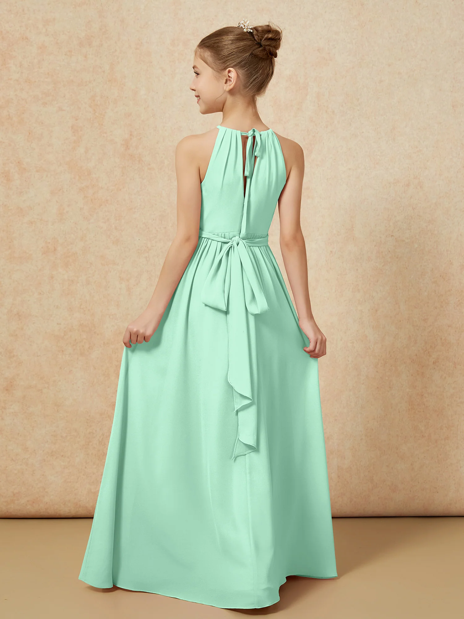 Sleeveless Pleated Long Chiffon Junior Bridesmaid Dress Mint Green - Image 2