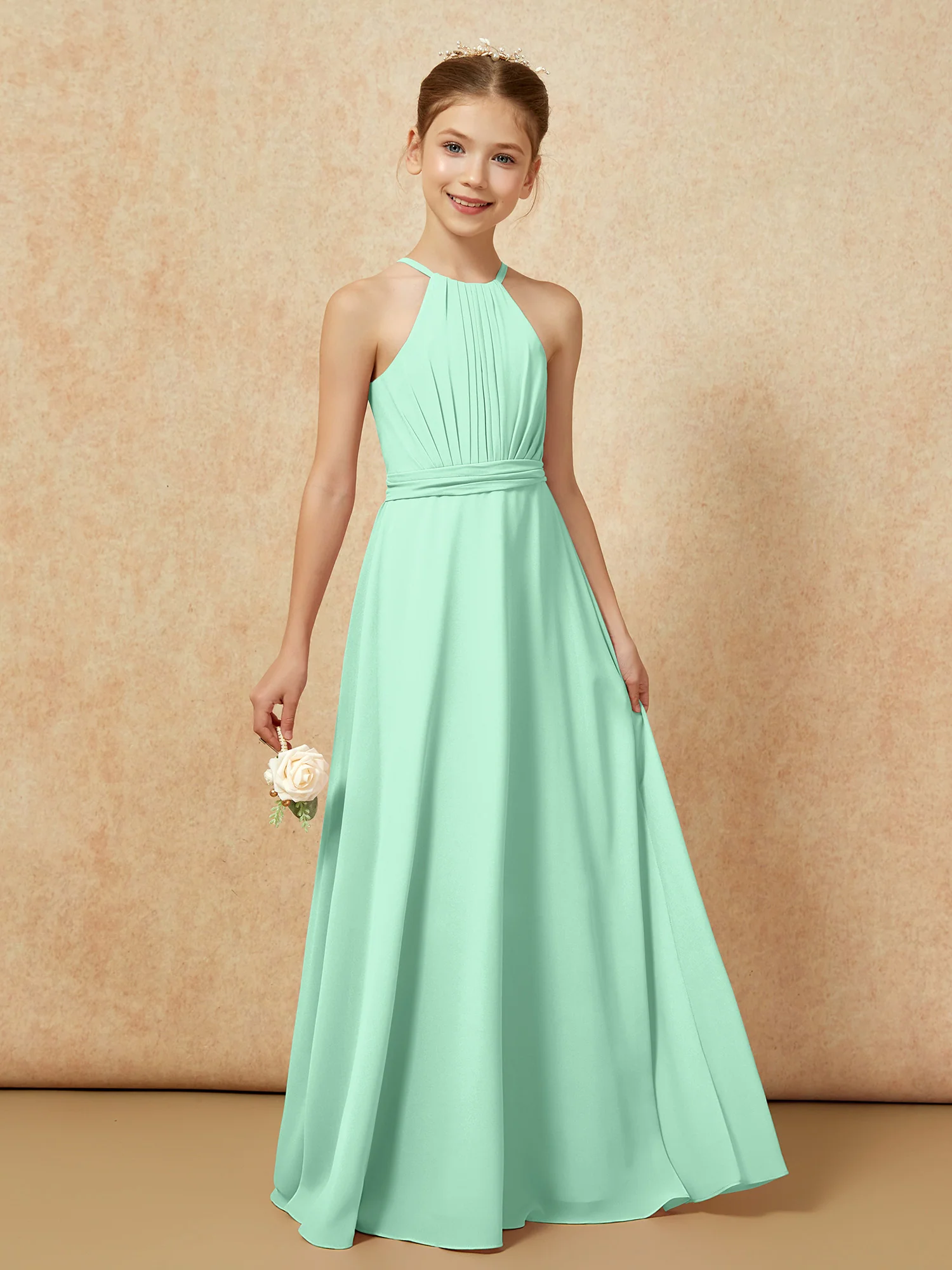Sleeveless Pleated Long Chiffon Junior Bridesmaid Dress Mint Green - Image 6