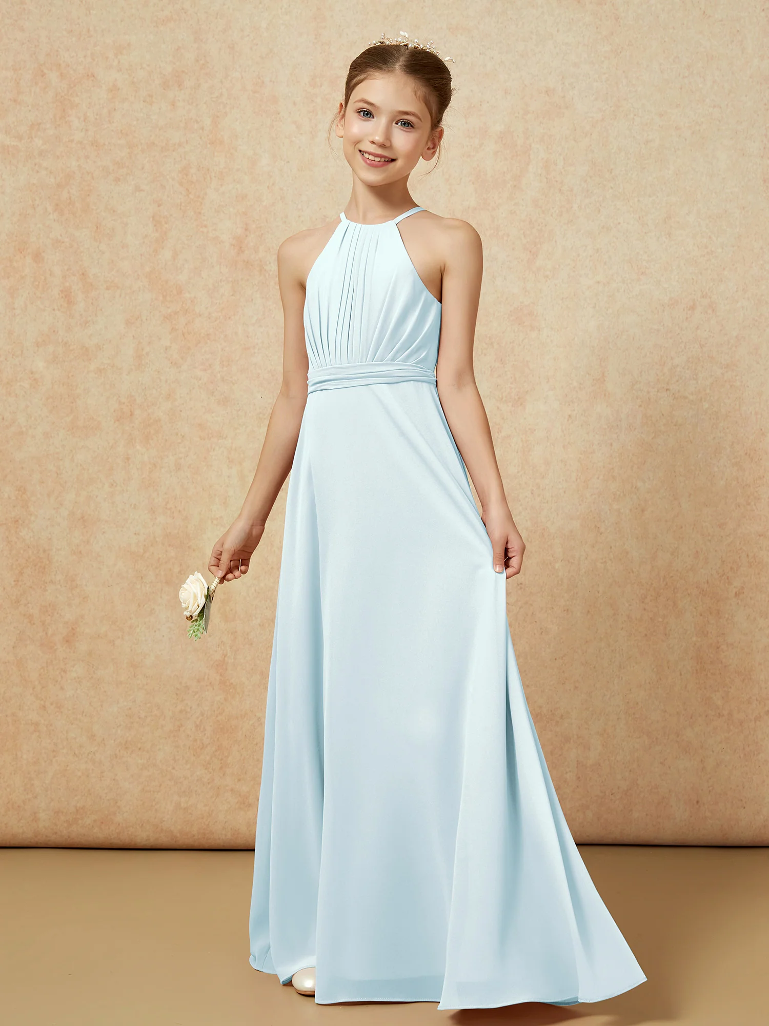 Sleeveless Pleated Long Chiffon Junior Bridesmaid Dress Mist - Image 3