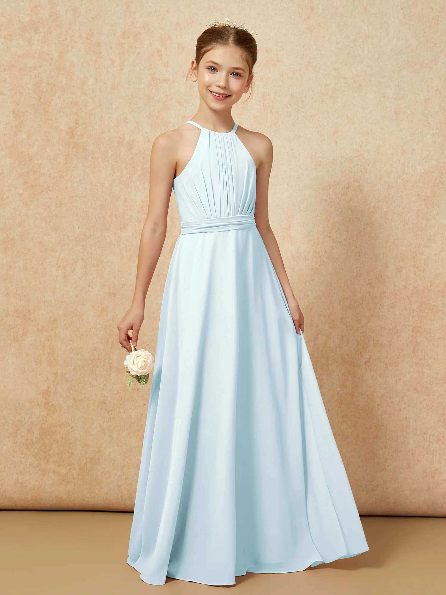 Sleeveless Pleated Long Chiffon Junior Bridesmaid Dress Mist - Image 6