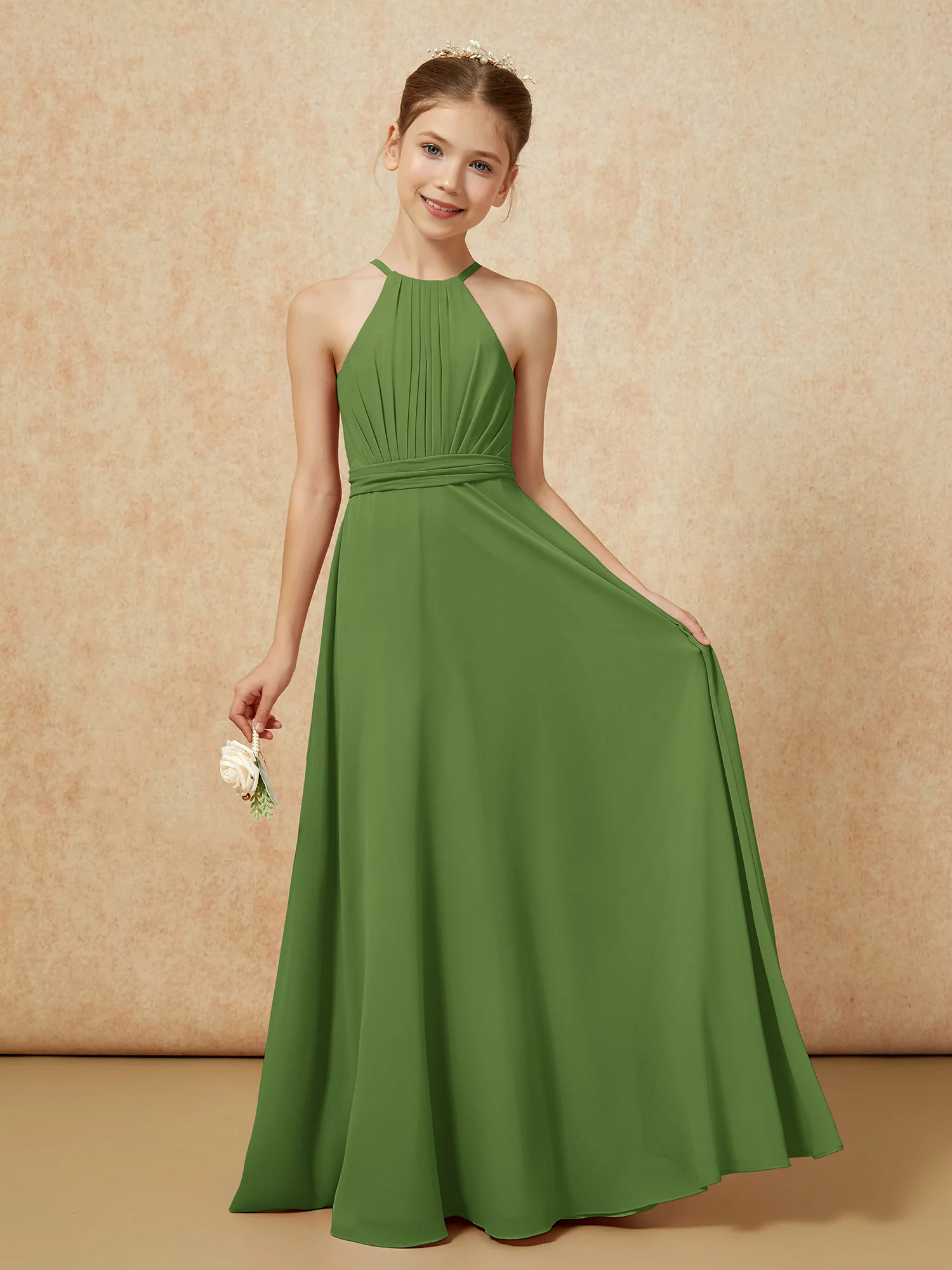 Sleeveless Pleated Long Chiffon Junior Bridesmaid Dress Moss