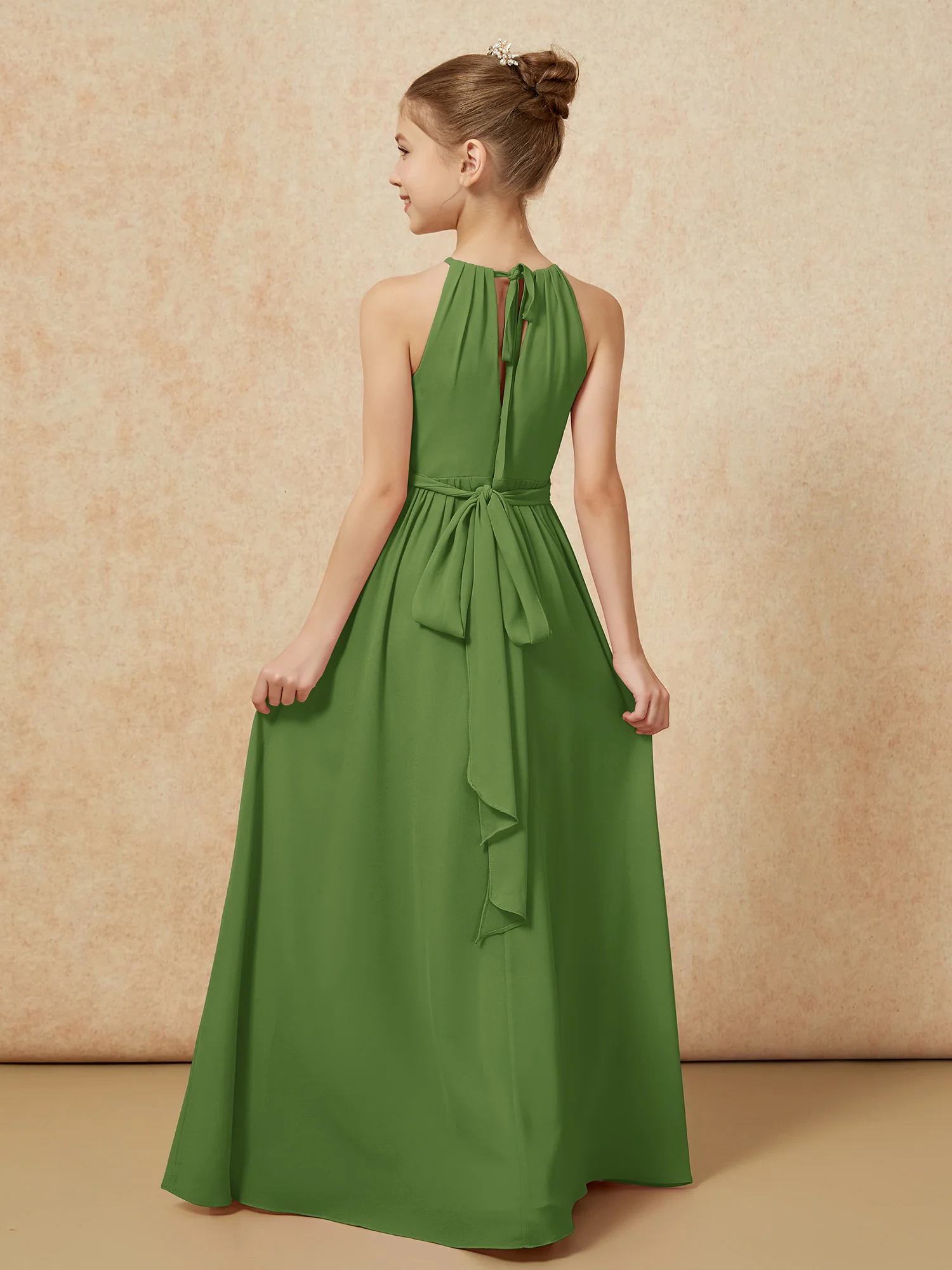 Sleeveless Pleated Long Chiffon Junior Bridesmaid Dress Moss - Image 2