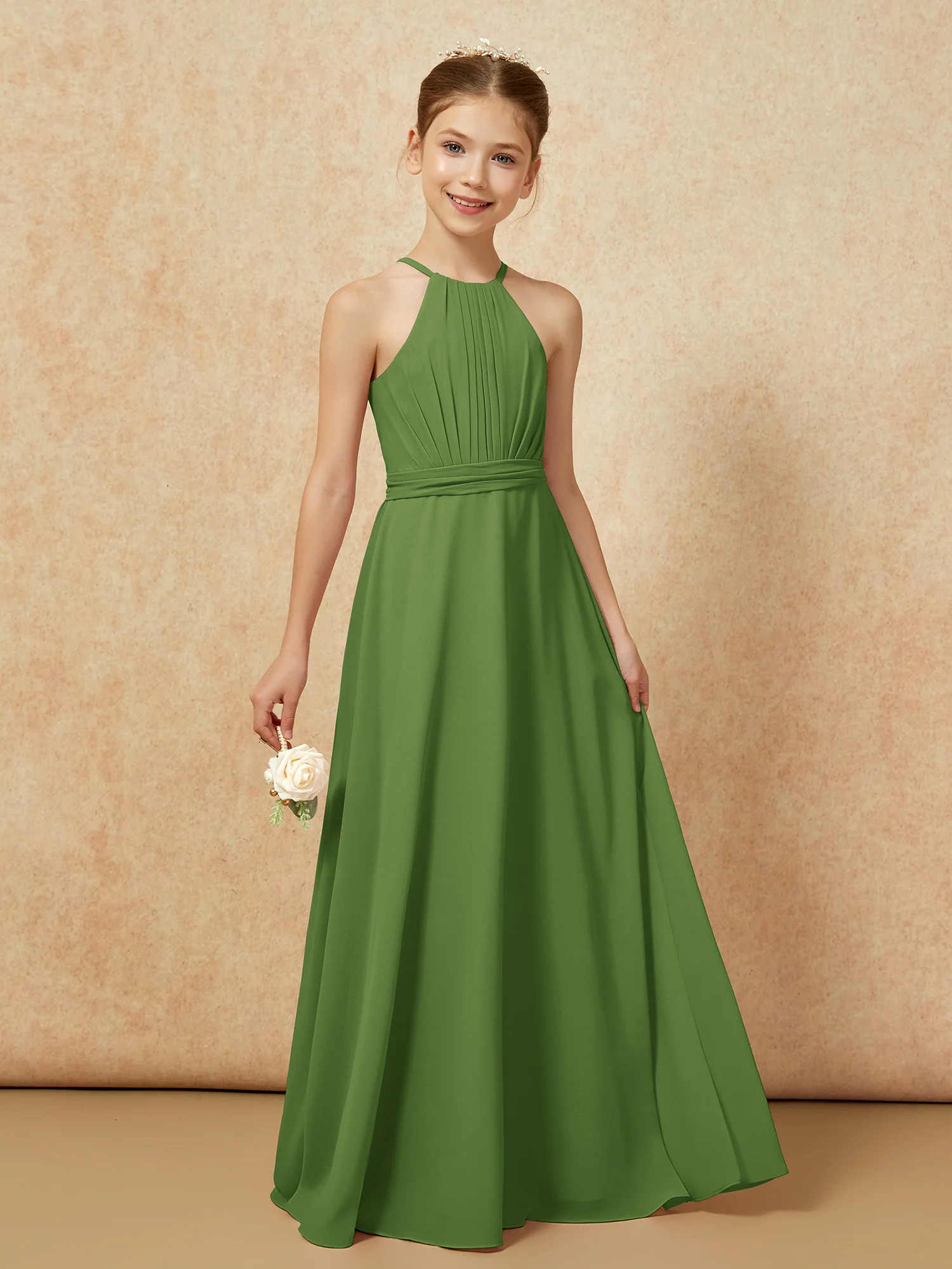 Sleeveless Pleated Long Chiffon Junior Bridesmaid Dress Moss - Image 6