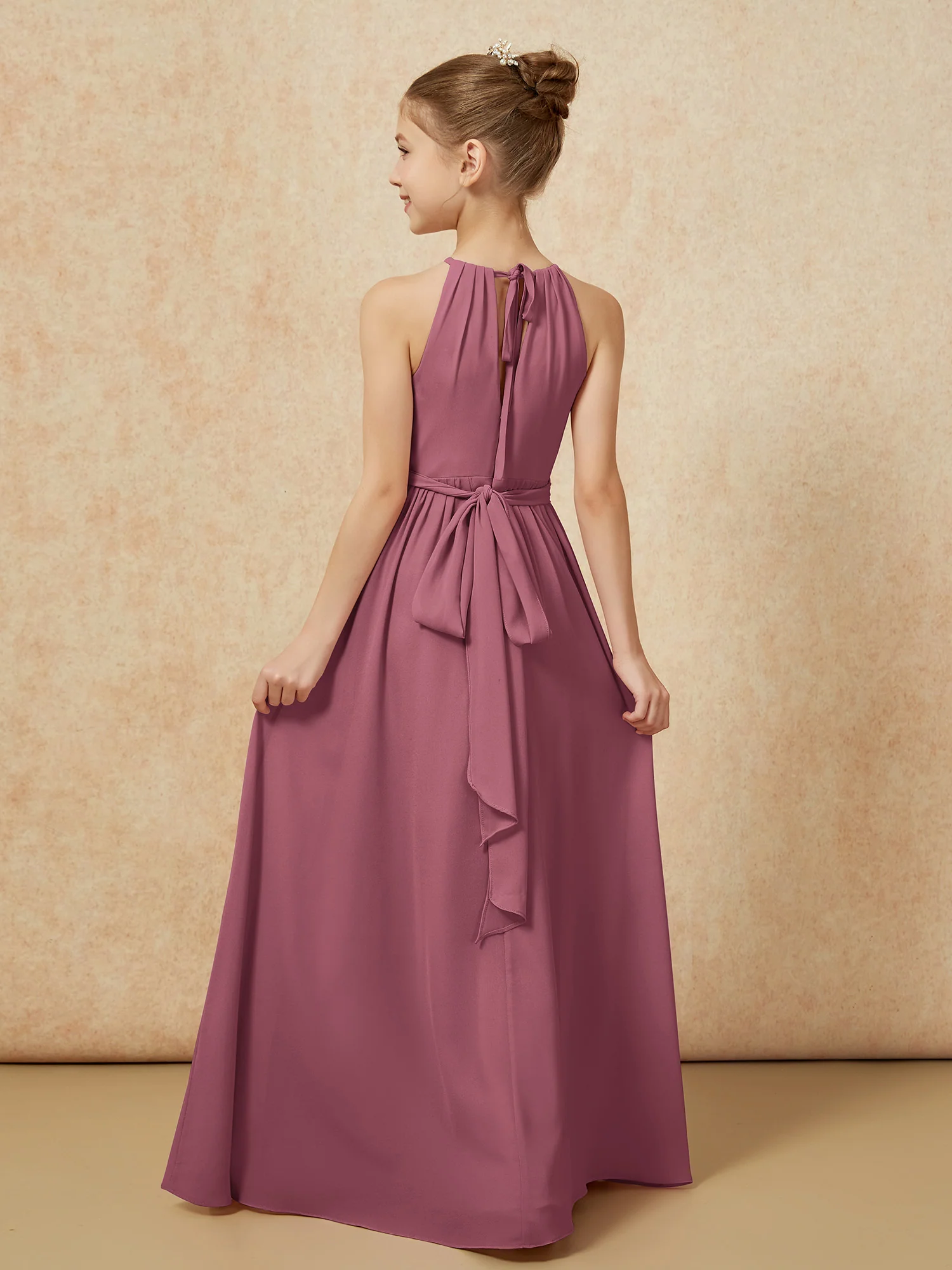 Sleeveless Pleated Long Chiffon Junior Bridesmaid Dress Mulberry - Image 2