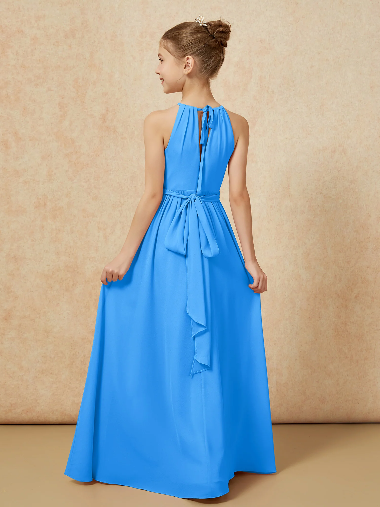 Sleeveless Pleated Long Chiffon Junior Bridesmaid Dress Ocean Blue - Image 2
