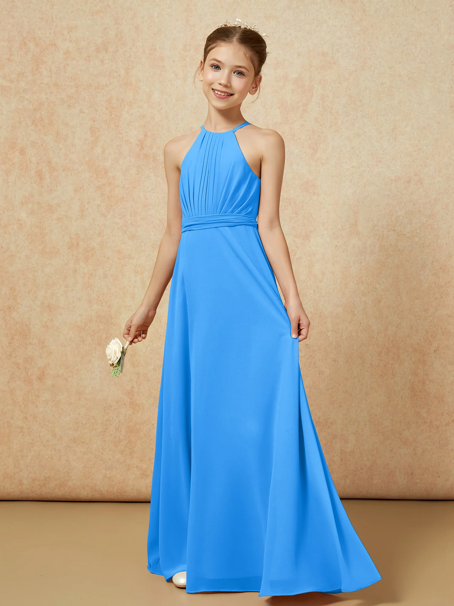 Sleeveless Pleated Long Chiffon Junior Bridesmaid Dress Ocean Blue - Image 3