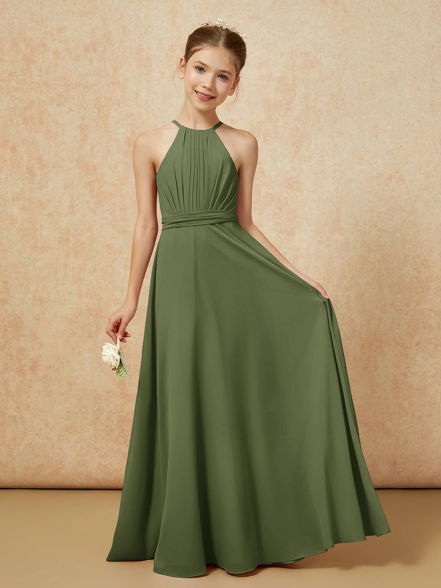 Sleeveless Pleated Long Chiffon Junior Bridesmaid Dress Olive Green