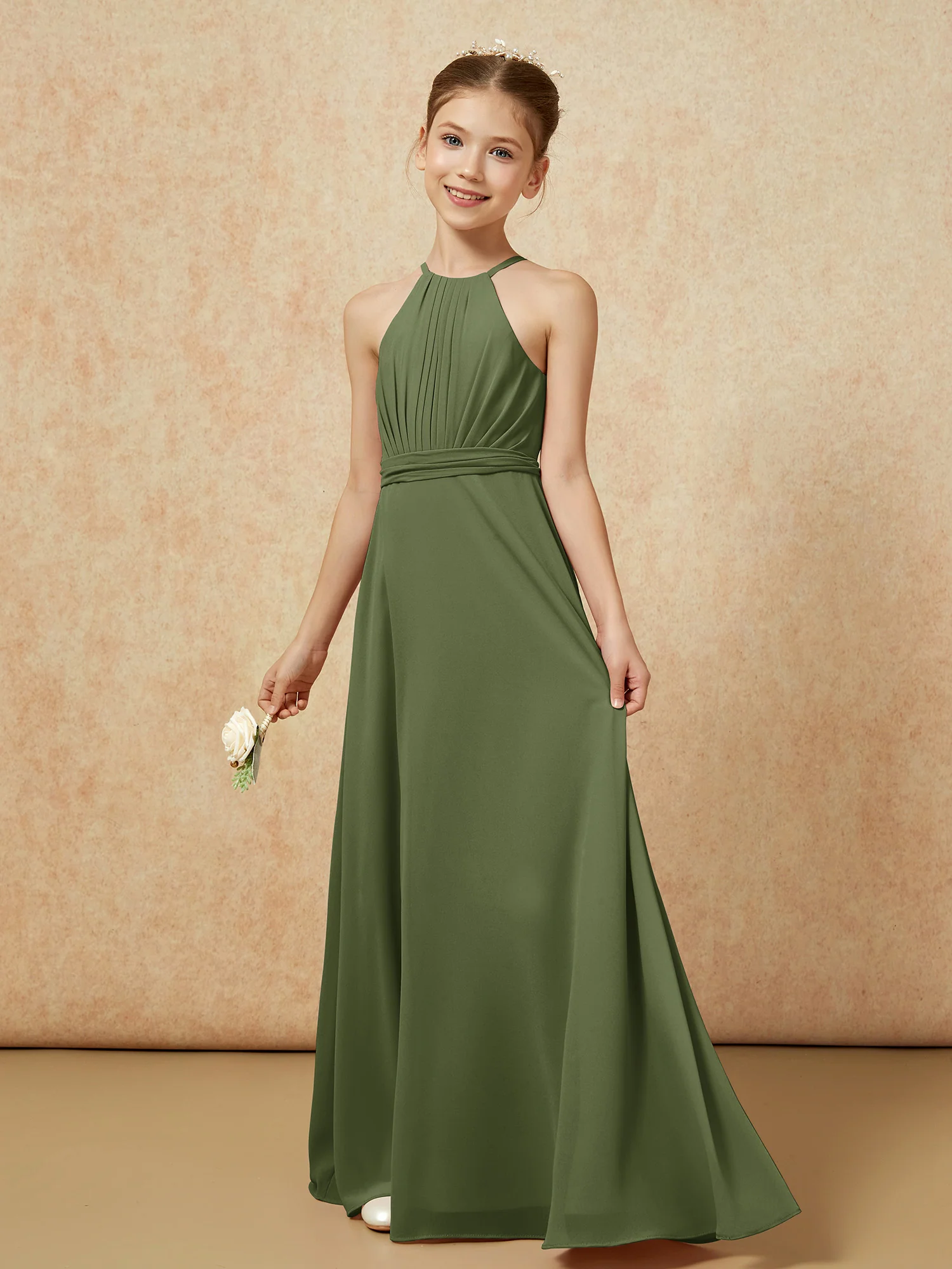Sleeveless Pleated Long Chiffon Junior Bridesmaid Dress Olive Green - Image 3