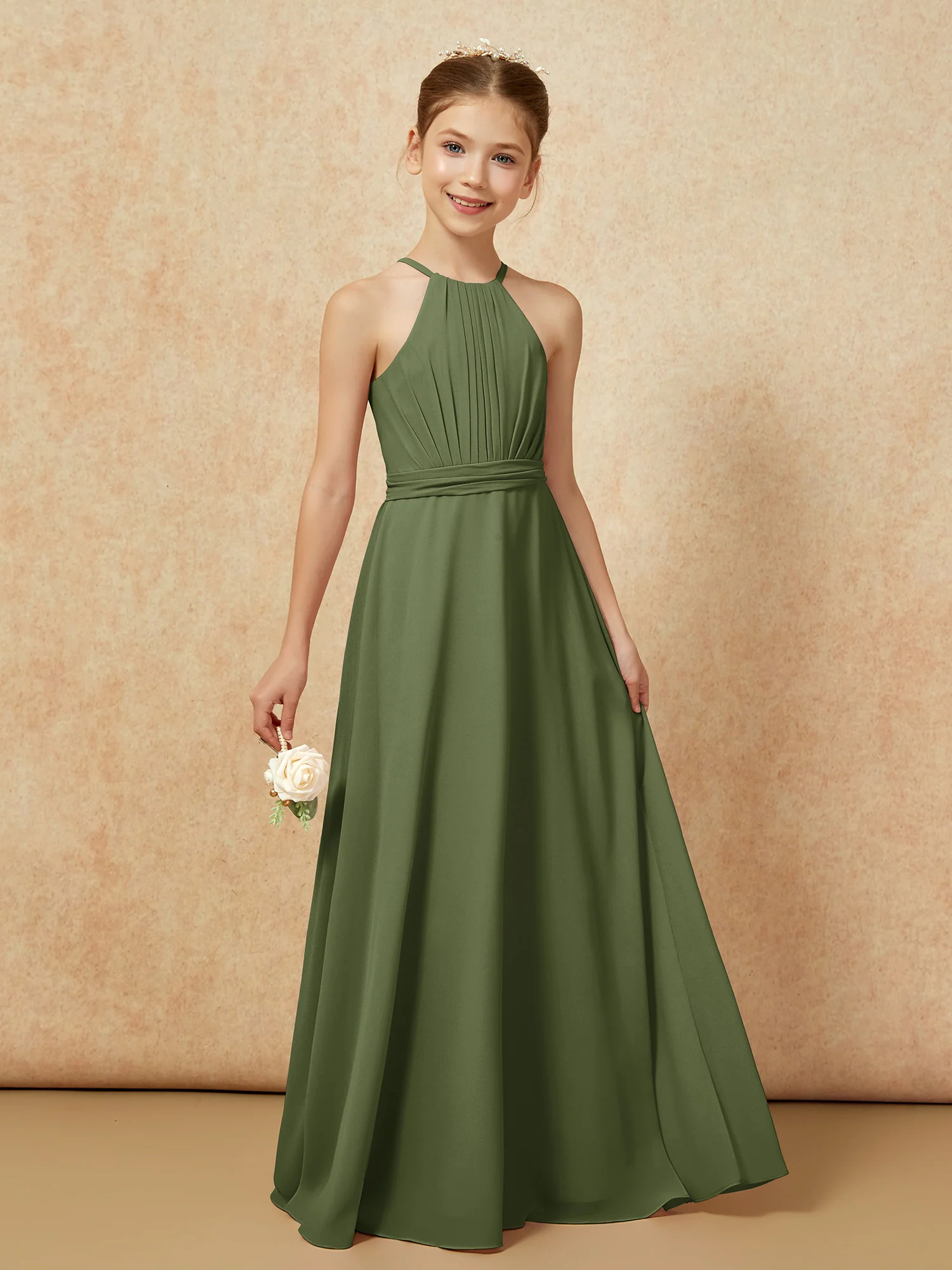 Sleeveless Pleated Long Chiffon Junior Bridesmaid Dress Olive Green - Image 6