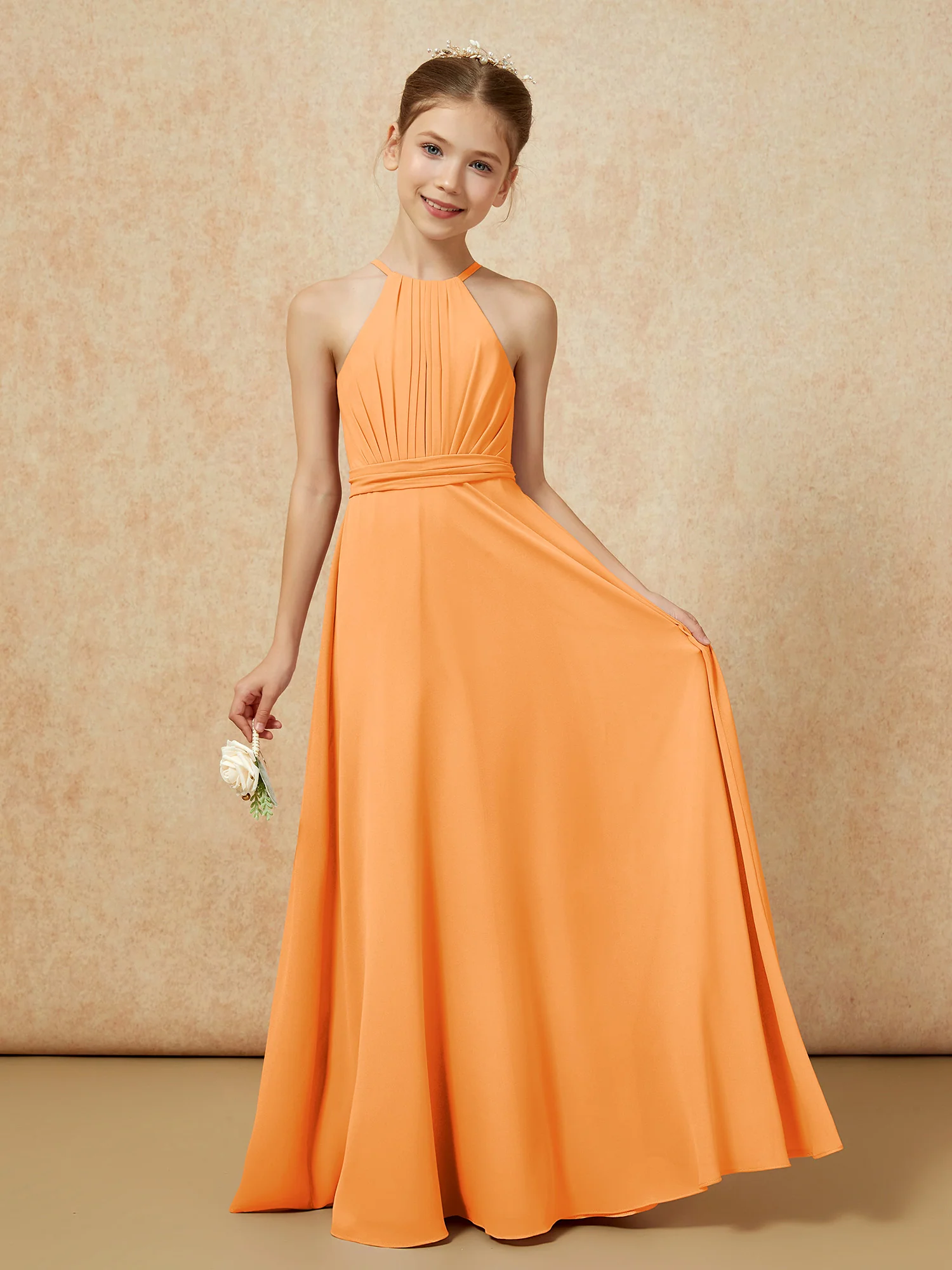 Sleeveless Pleated Long Chiffon Junior Bridesmaid Dress Orange