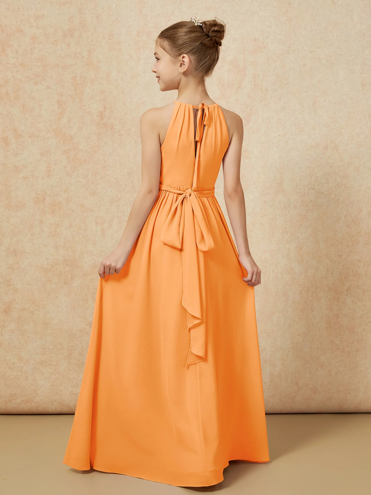 Sleeveless Pleated Long Chiffon Junior Bridesmaid Dress Orange - Image 2