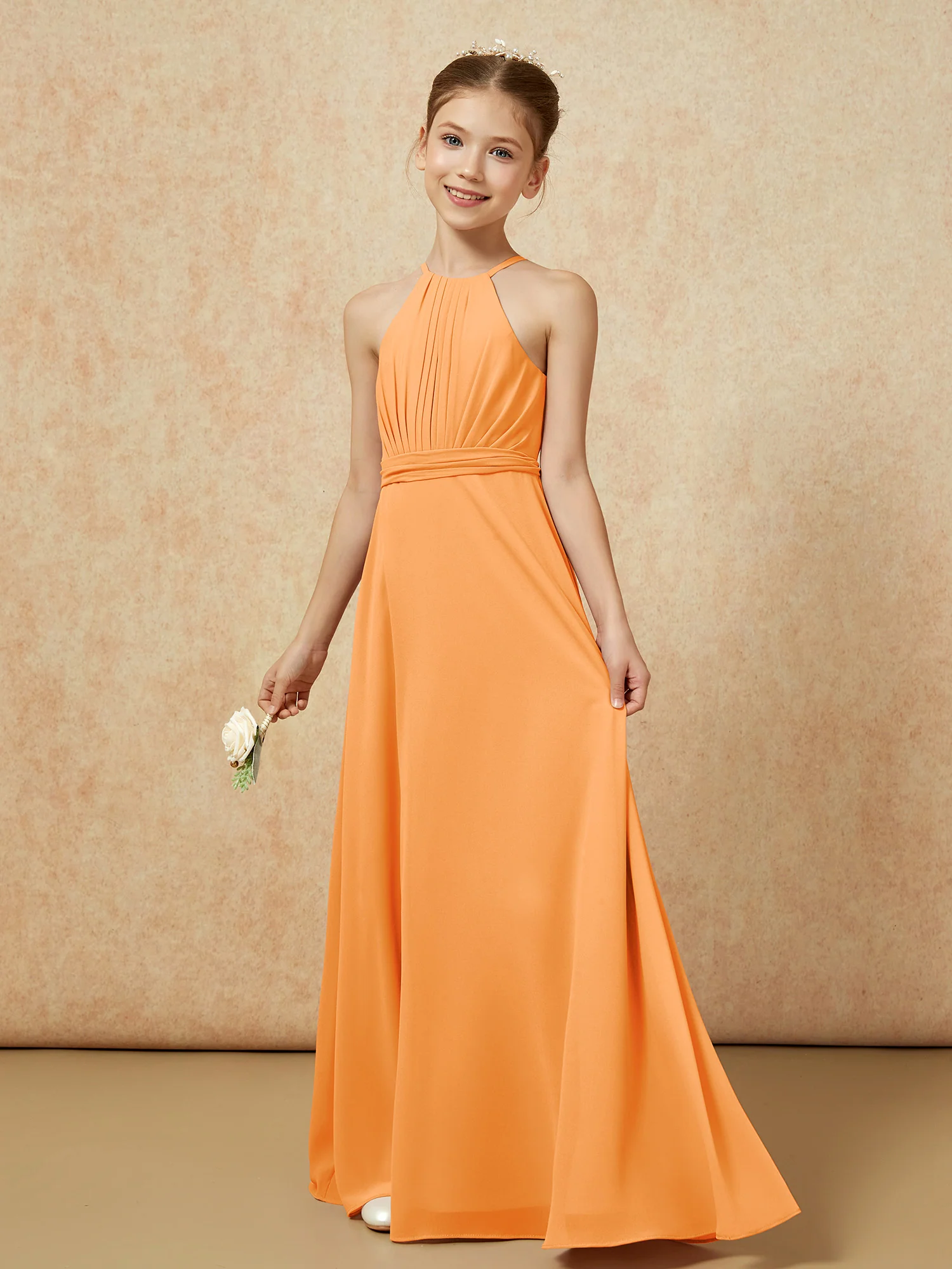 Sleeveless Pleated Long Chiffon Junior Bridesmaid Dress Orange - Image 3