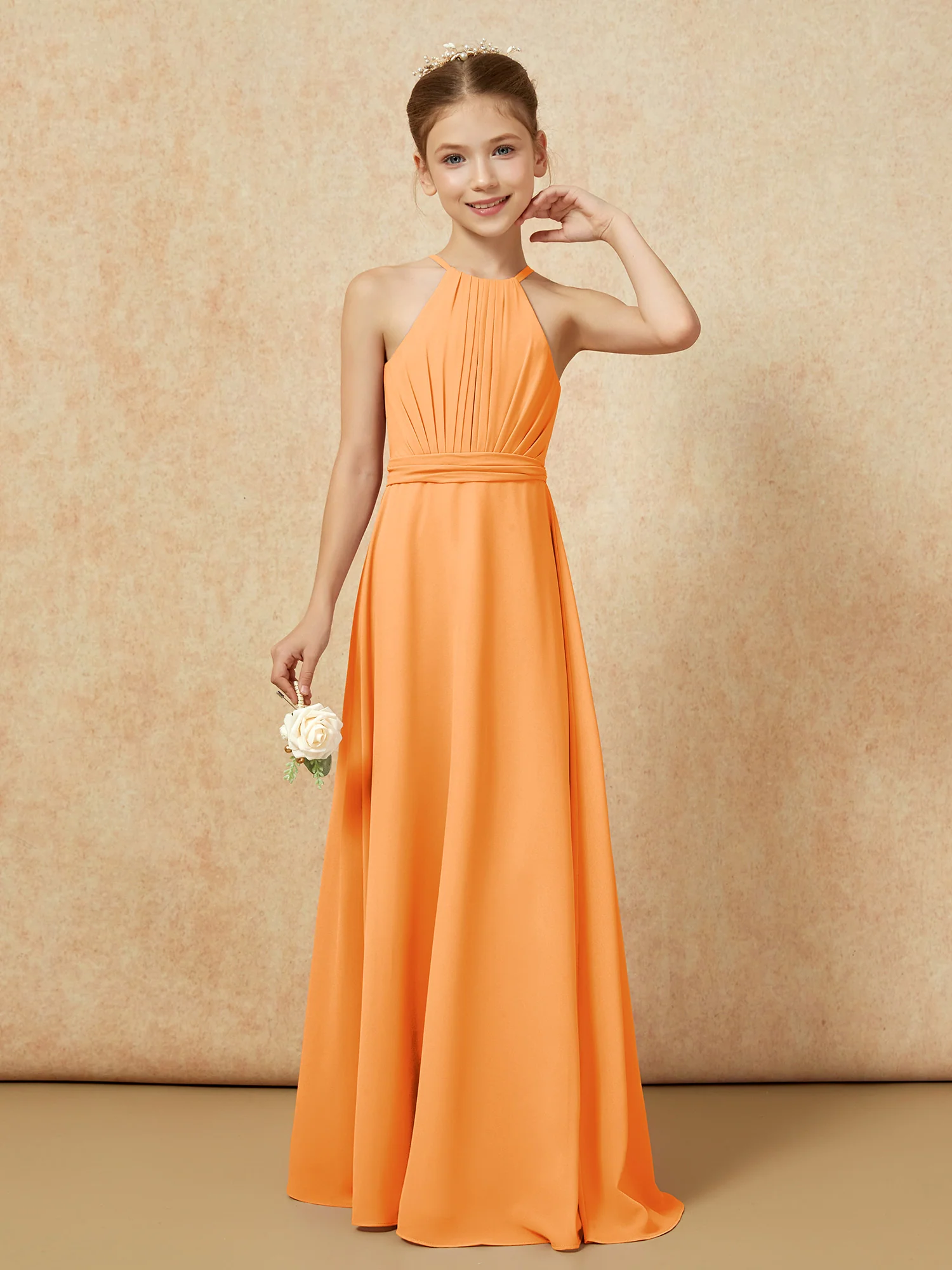 Sleeveless Pleated Long Chiffon Junior Bridesmaid Dress Orange - Image 5