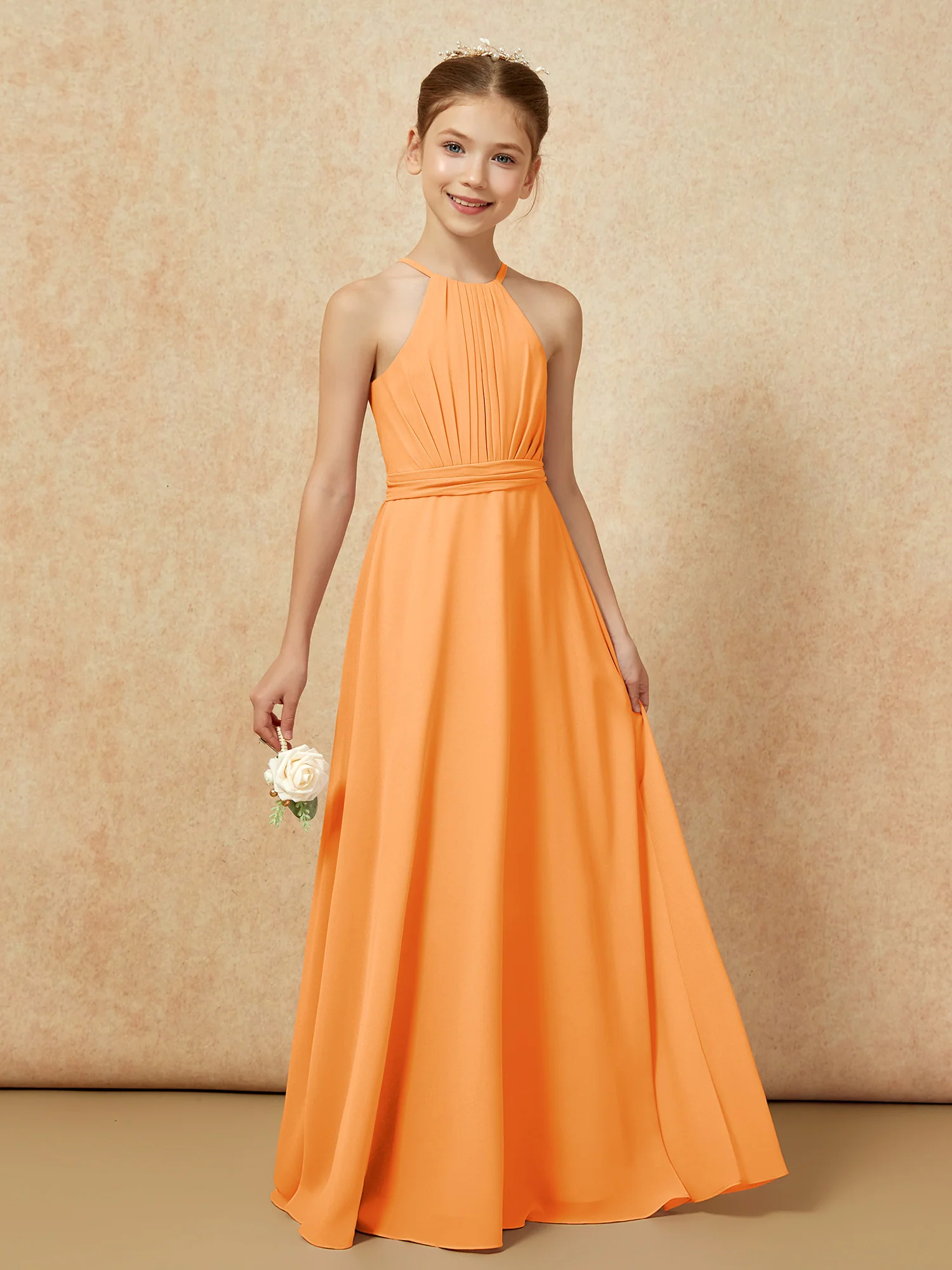 Sleeveless Pleated Long Chiffon Junior Bridesmaid Dress Orange - Image 6