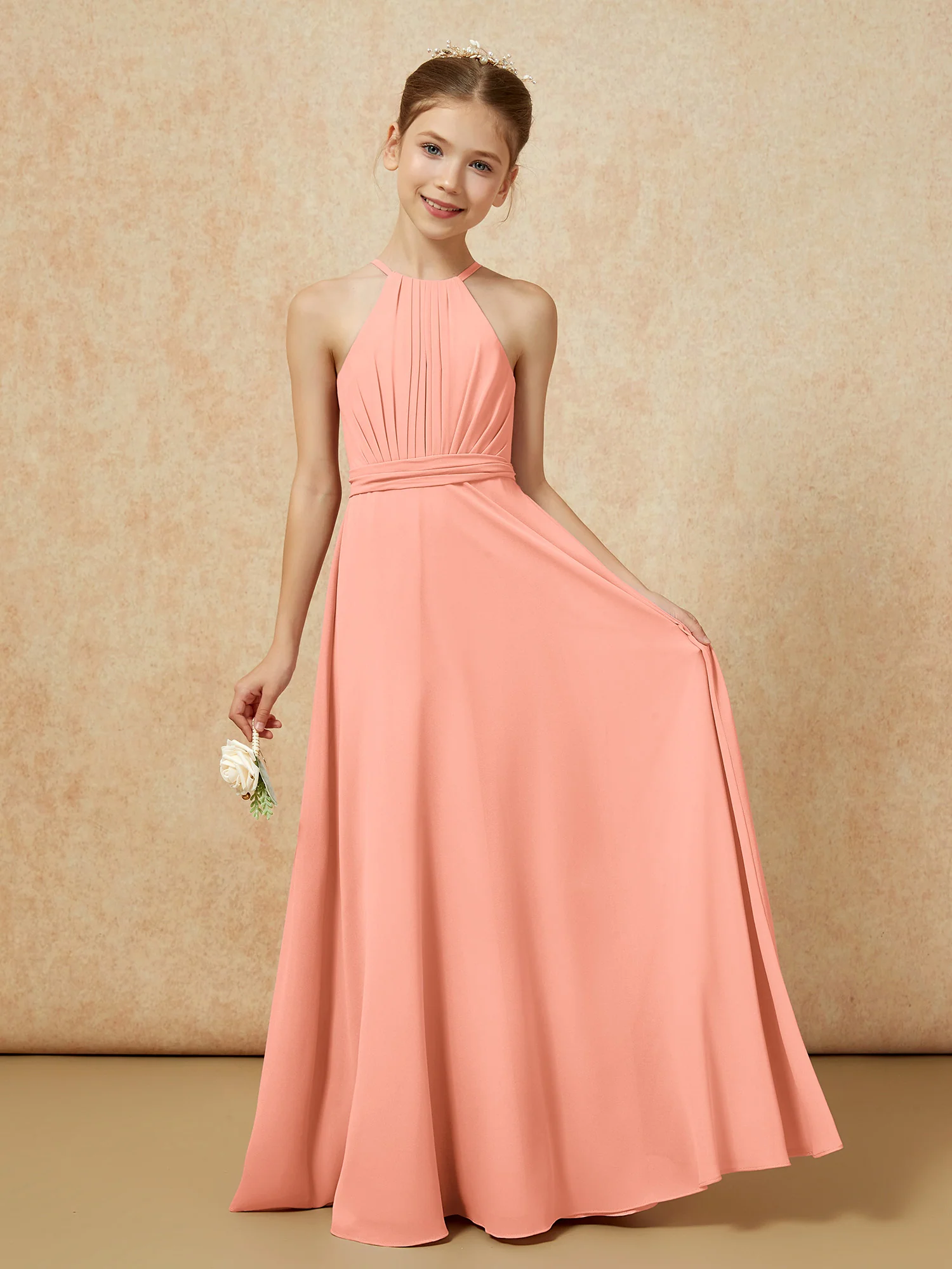 Sleeveless Pleated Long Chiffon Junior Bridesmaid Dress Papaya