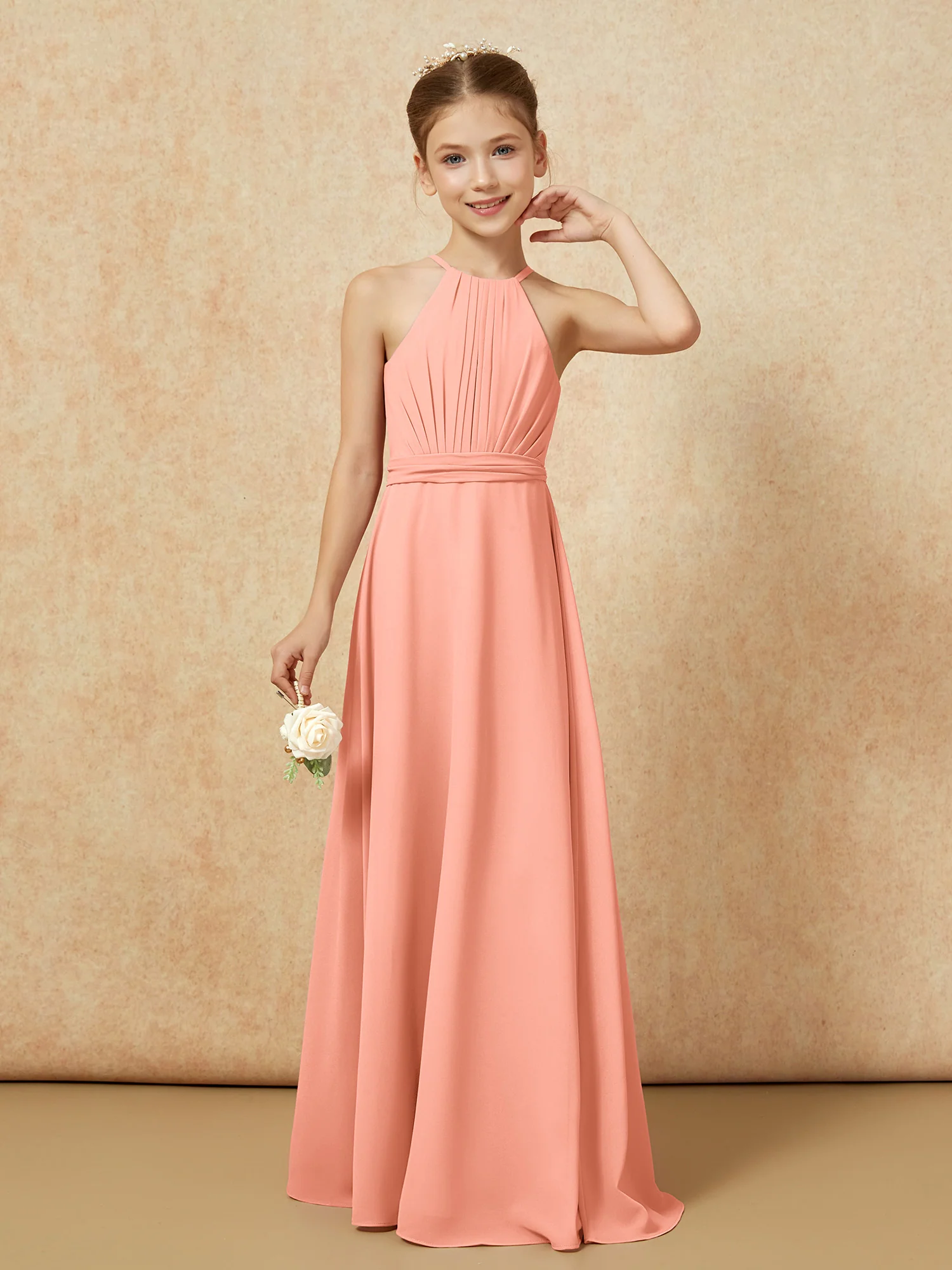 Sleeveless Pleated Long Chiffon Junior Bridesmaid Dress Papaya - Image 5