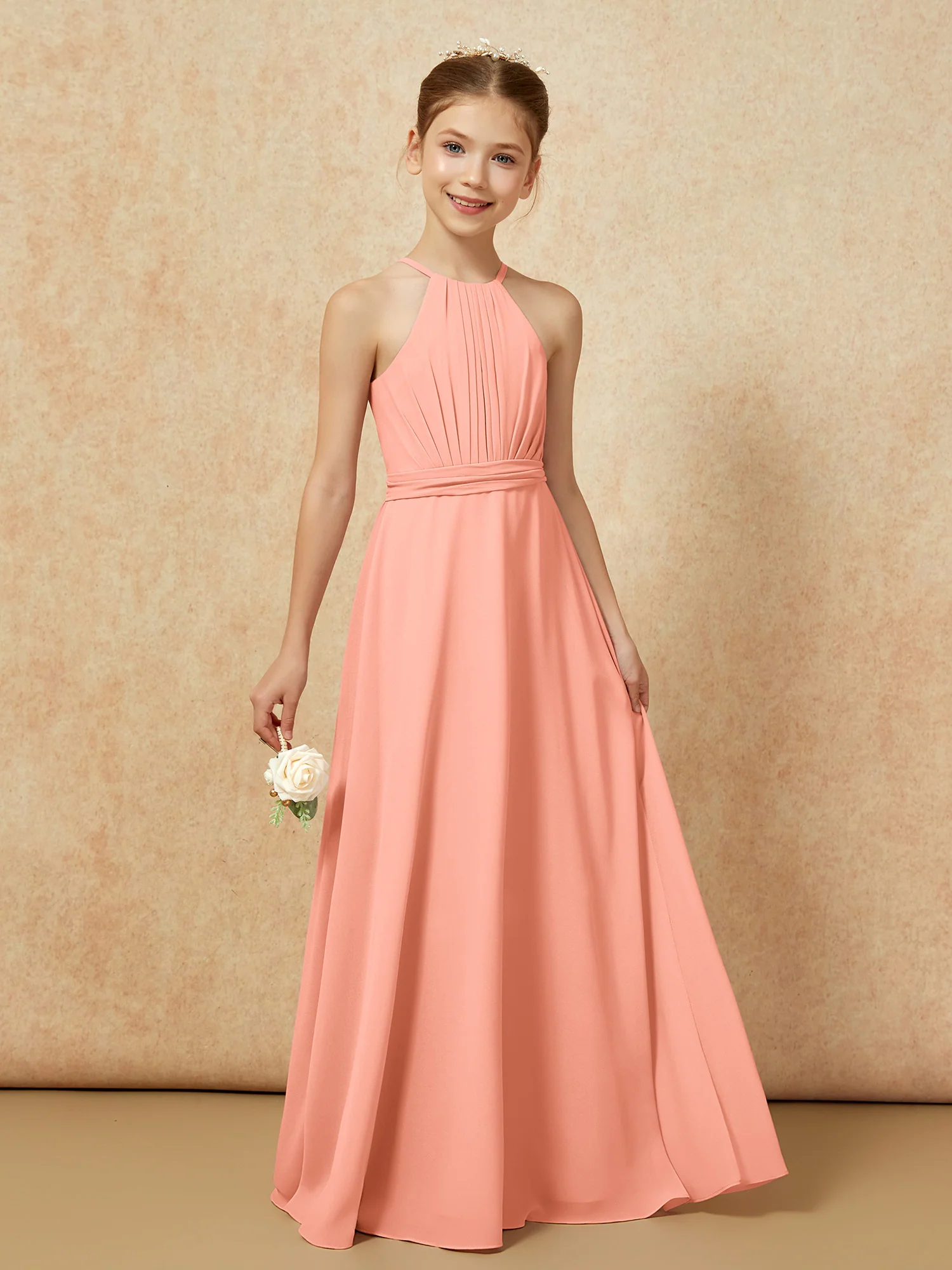 Sleeveless Pleated Long Chiffon Junior Bridesmaid Dress Papaya - Image 6