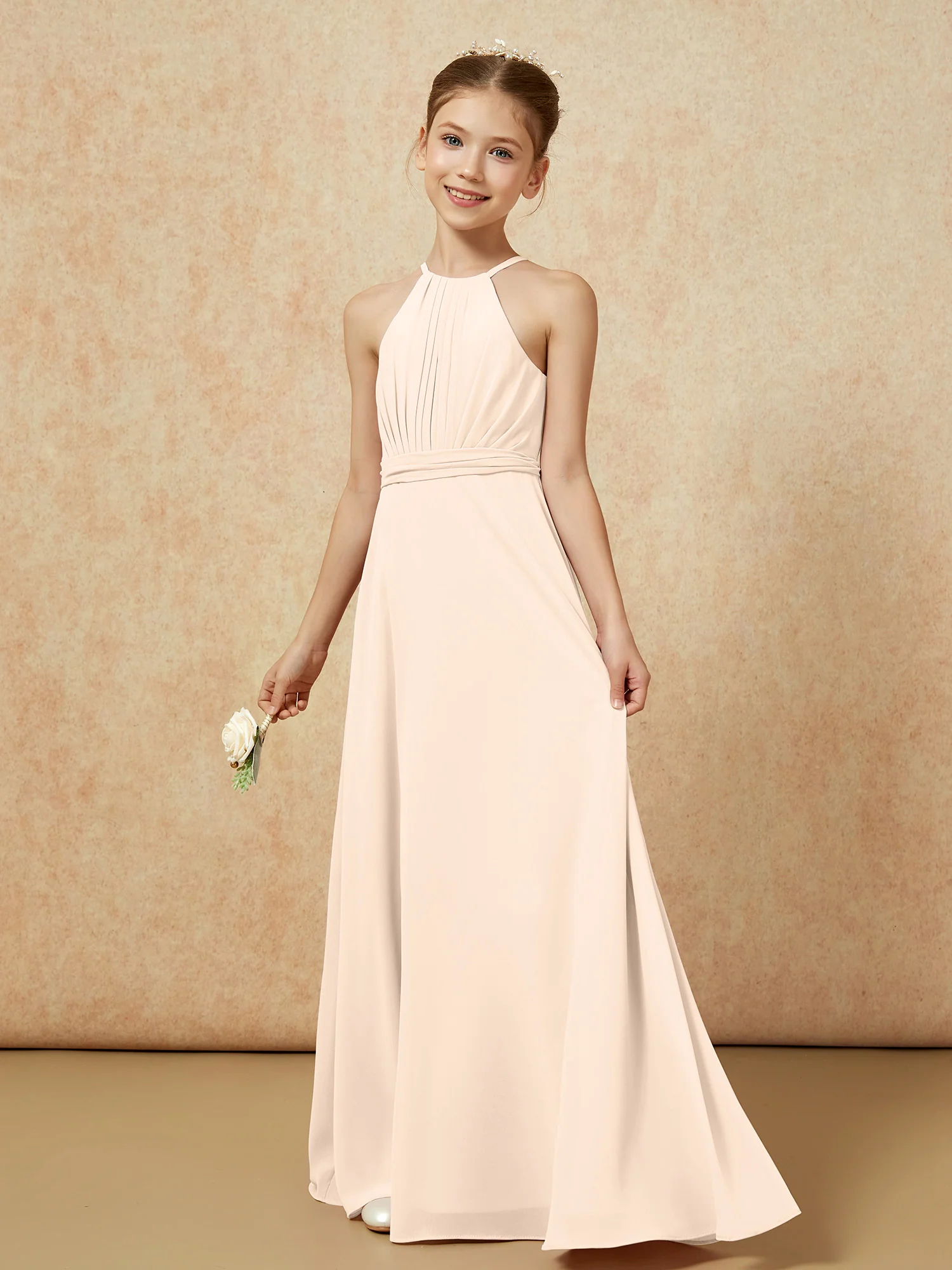 Sleeveless Pleated Long Chiffon Junior Bridesmaid Dress Peach - Image 3