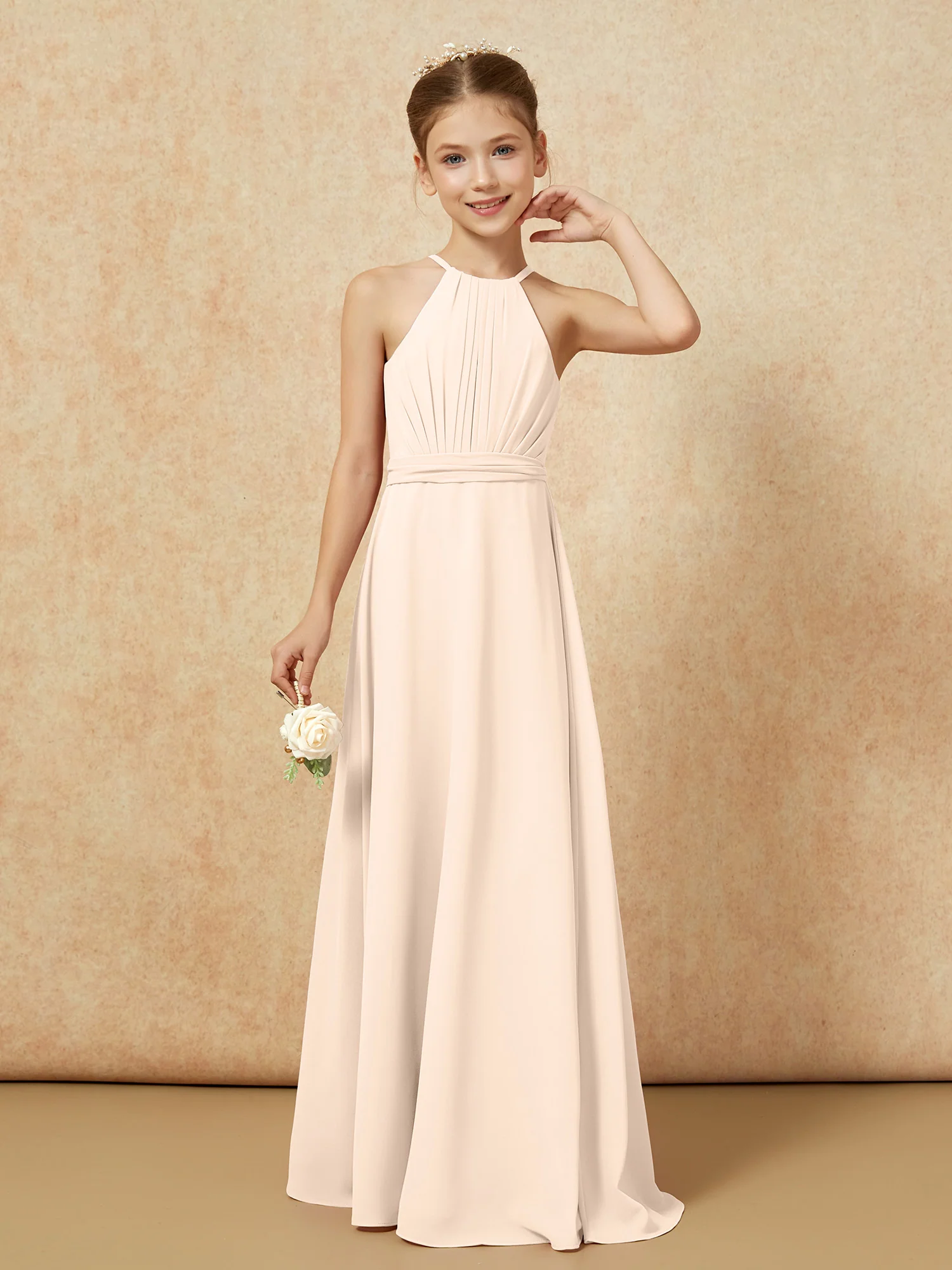 Sleeveless Pleated Long Chiffon Junior Bridesmaid Dress Peach - Image 5