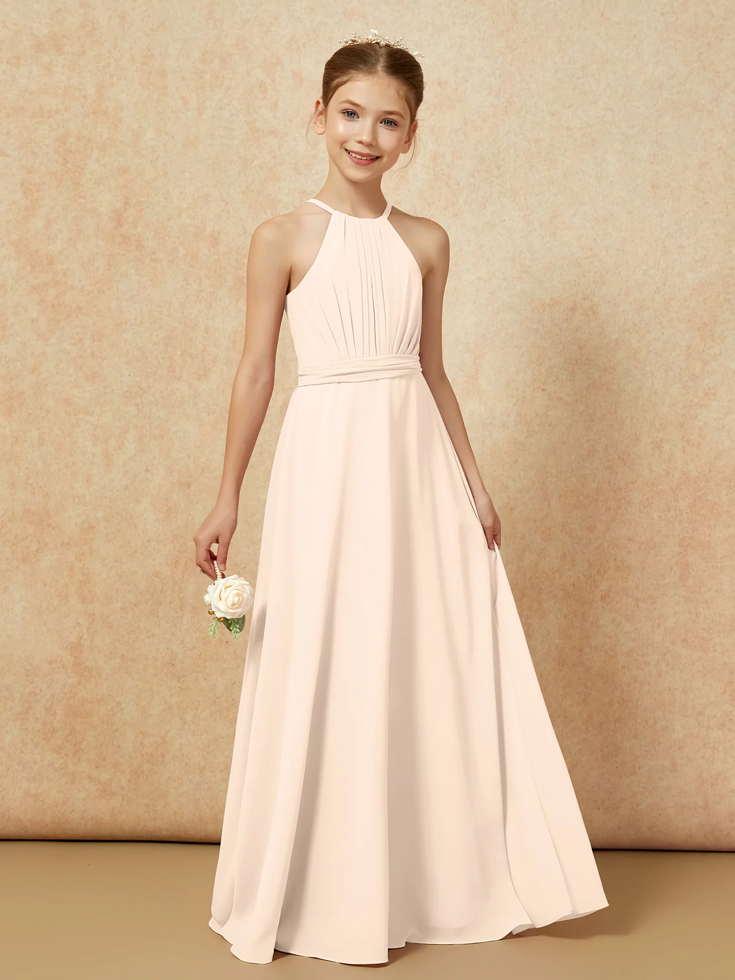 Sleeveless Pleated Long Chiffon Junior Bridesmaid Dress Peach - Image 6