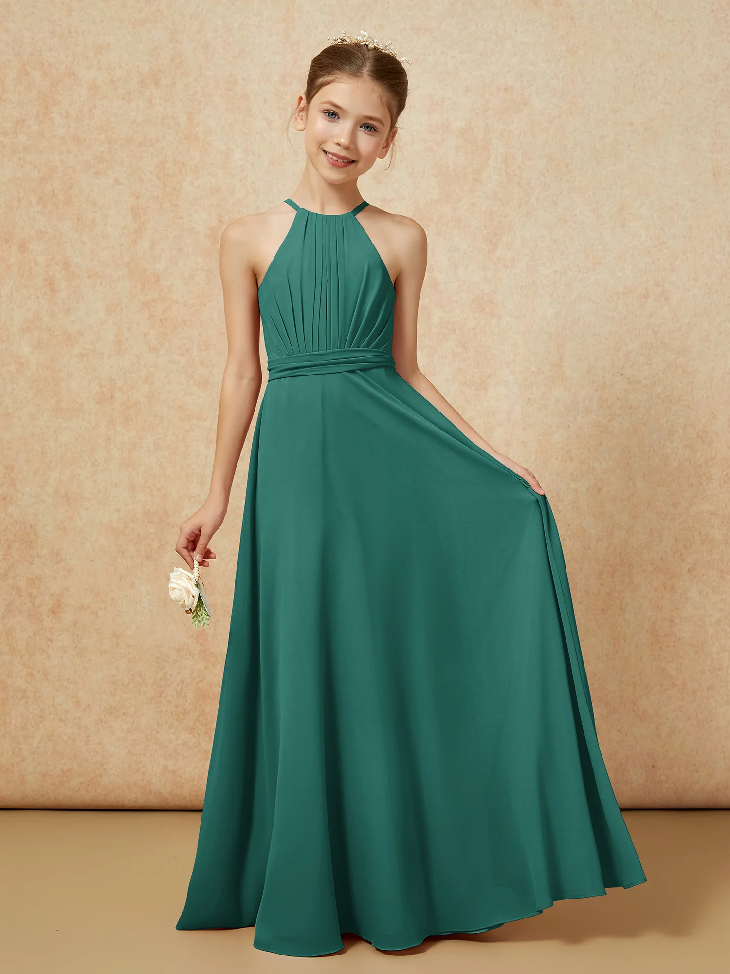 Sleeveless Pleated Long Chiffon Junior Bridesmaid Dress Peacock