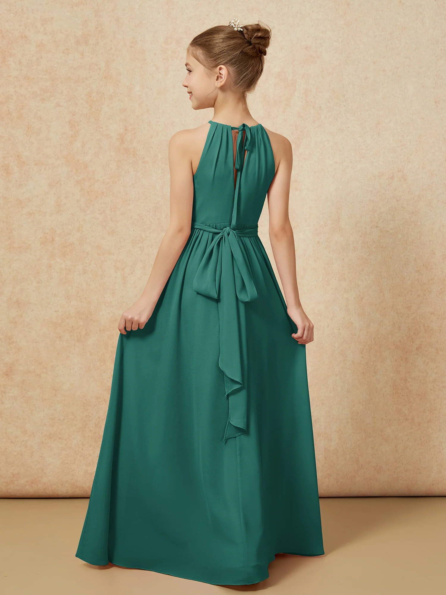 Sleeveless Pleated Long Chiffon Junior Bridesmaid Dress Peacock - Image 2