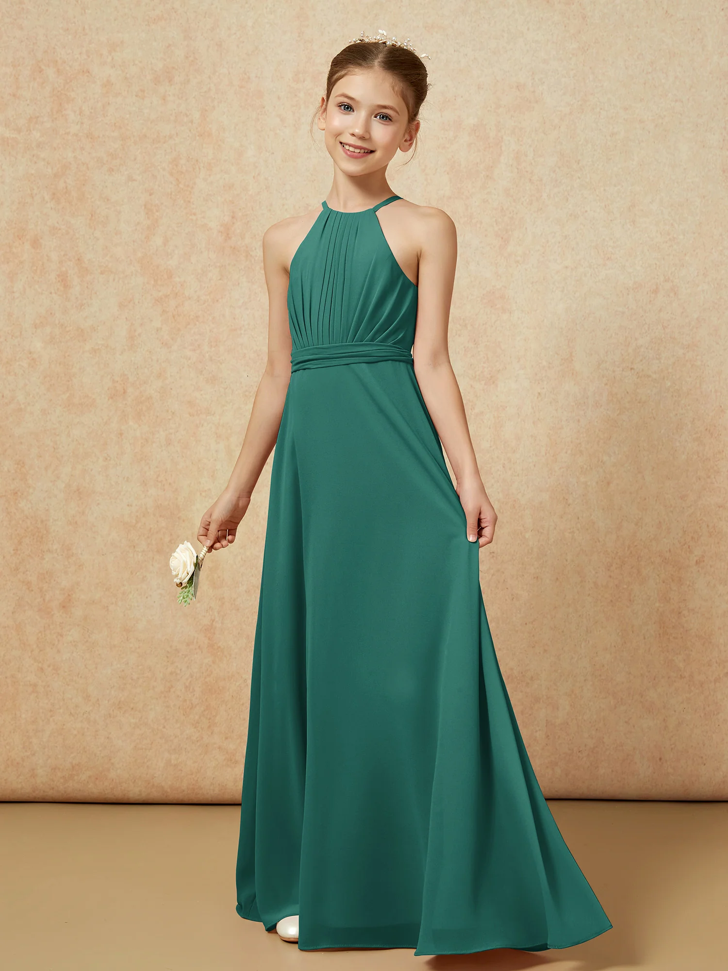 Sleeveless Pleated Long Chiffon Junior Bridesmaid Dress Peacock - Image 3