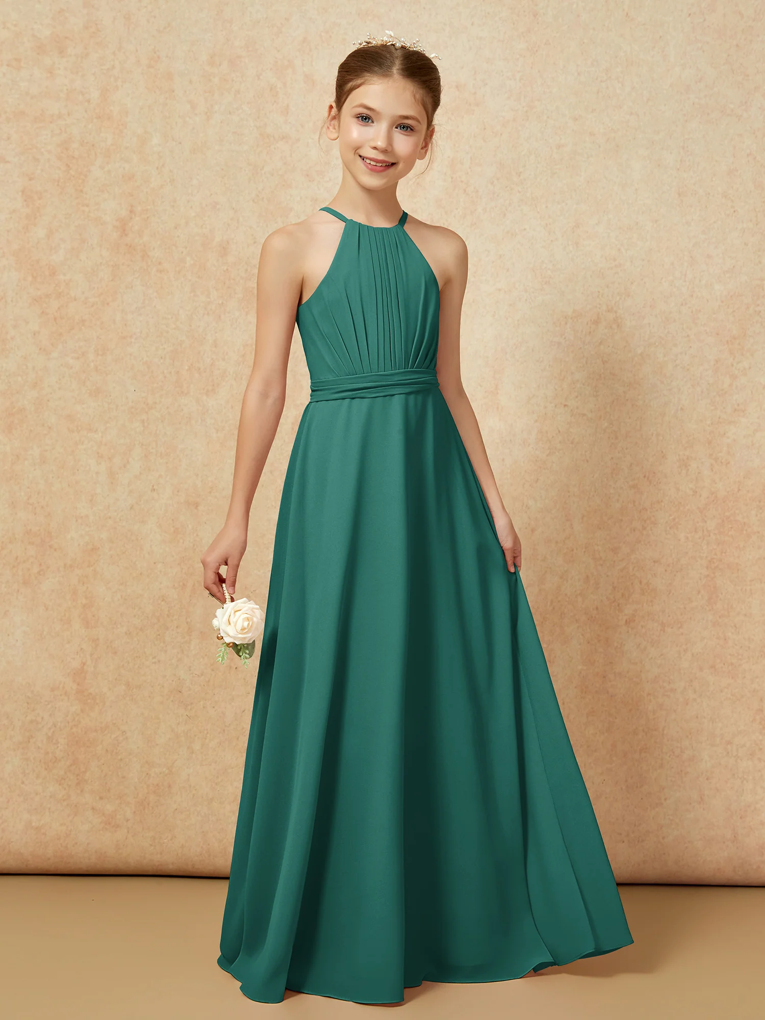 Sleeveless Pleated Long Chiffon Junior Bridesmaid Dress Peacock - Image 6